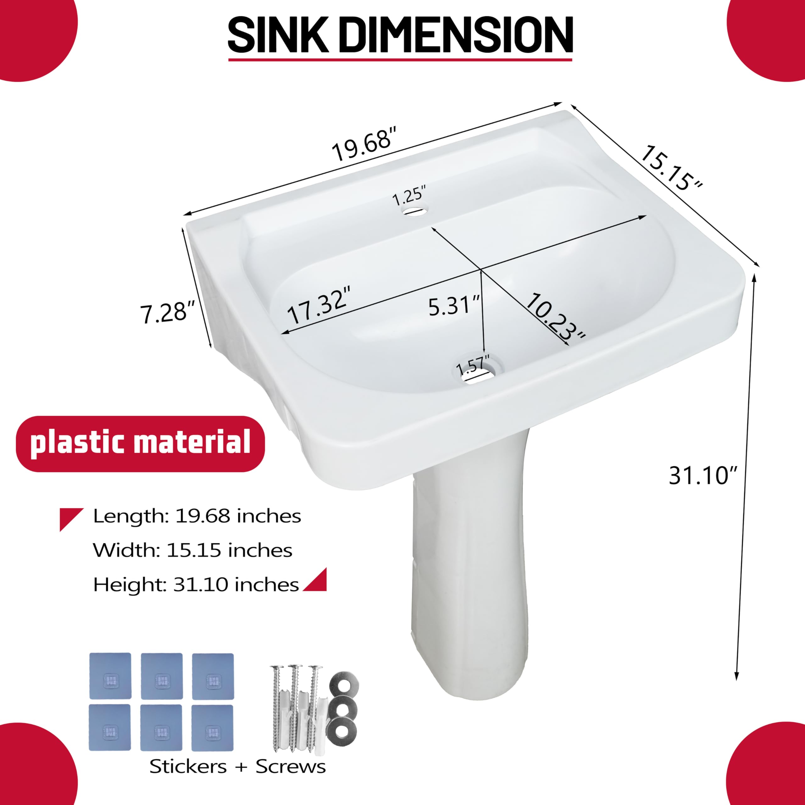 Fregadero de pedestal de plástico pequeño para baño, 19.6 x 15.3 x 31.5 pulgadas de alto, instalación sin taladro, lavabo autoadhesivo con agujero para grifo para lavabo, lavabo, columna, lavabo