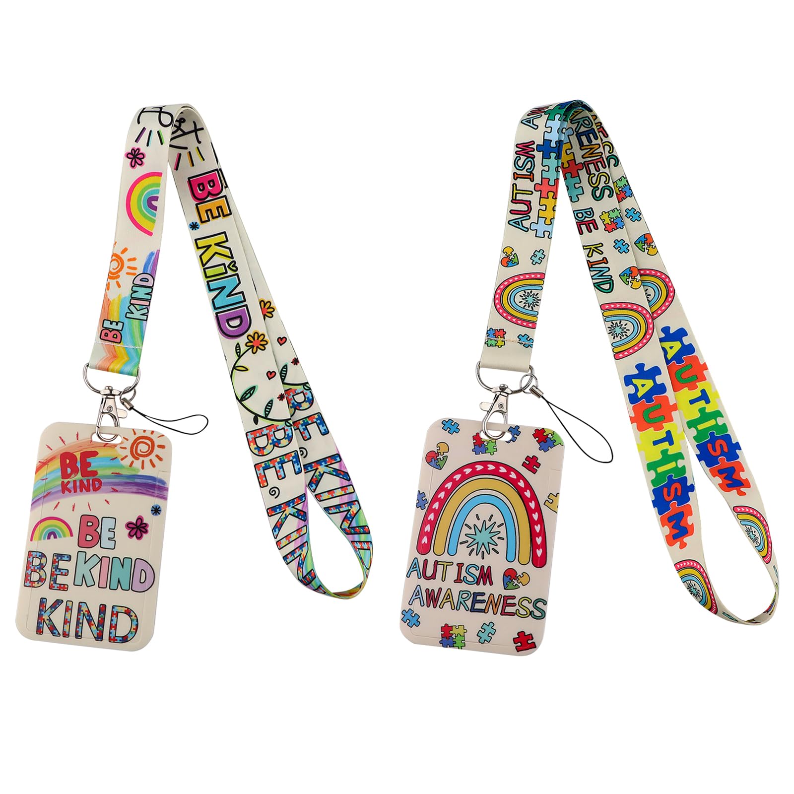 DAVBNM 2 pcs Autism Lanyard, ID Card Holders, Autism Awareness Rainbow Lanyards with Card Holder, Neck Lanyard for Kids Teens Adults