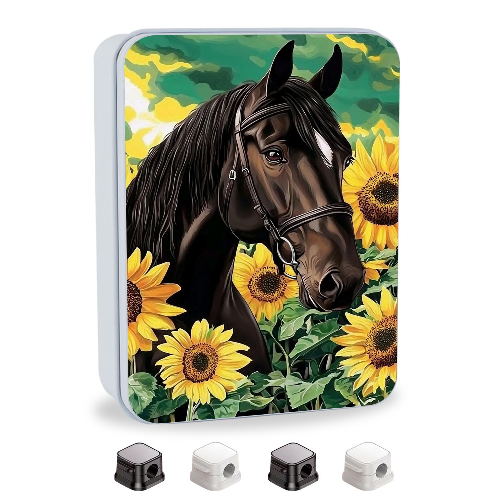 Metal Tin Box with Lid for Game Cards Home Large Organizer Candles Keys Crafts Storage - Comes with 4 Magnetic Cord Clips，Horses and Sunflowers