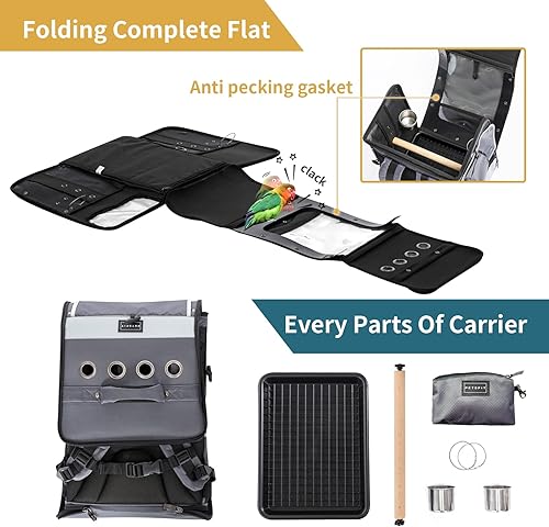 Vista 27 de Petsfit Transportador de pájaros de tamaño mediano con cuenco de acero inoxidable, mochila de loro incluye bandeja deslizante para una fácil Azul
