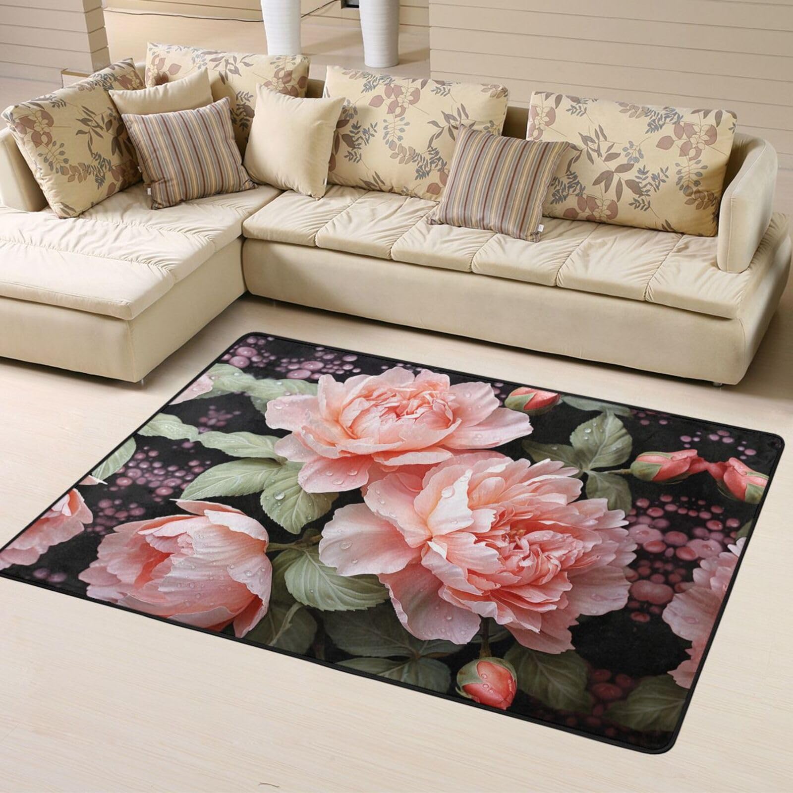 Felpudo antideslizante de franela con diseño de flores de peonía, 160 x 122 cm, para puerta delantera y trasera, para interiores y exteriores
