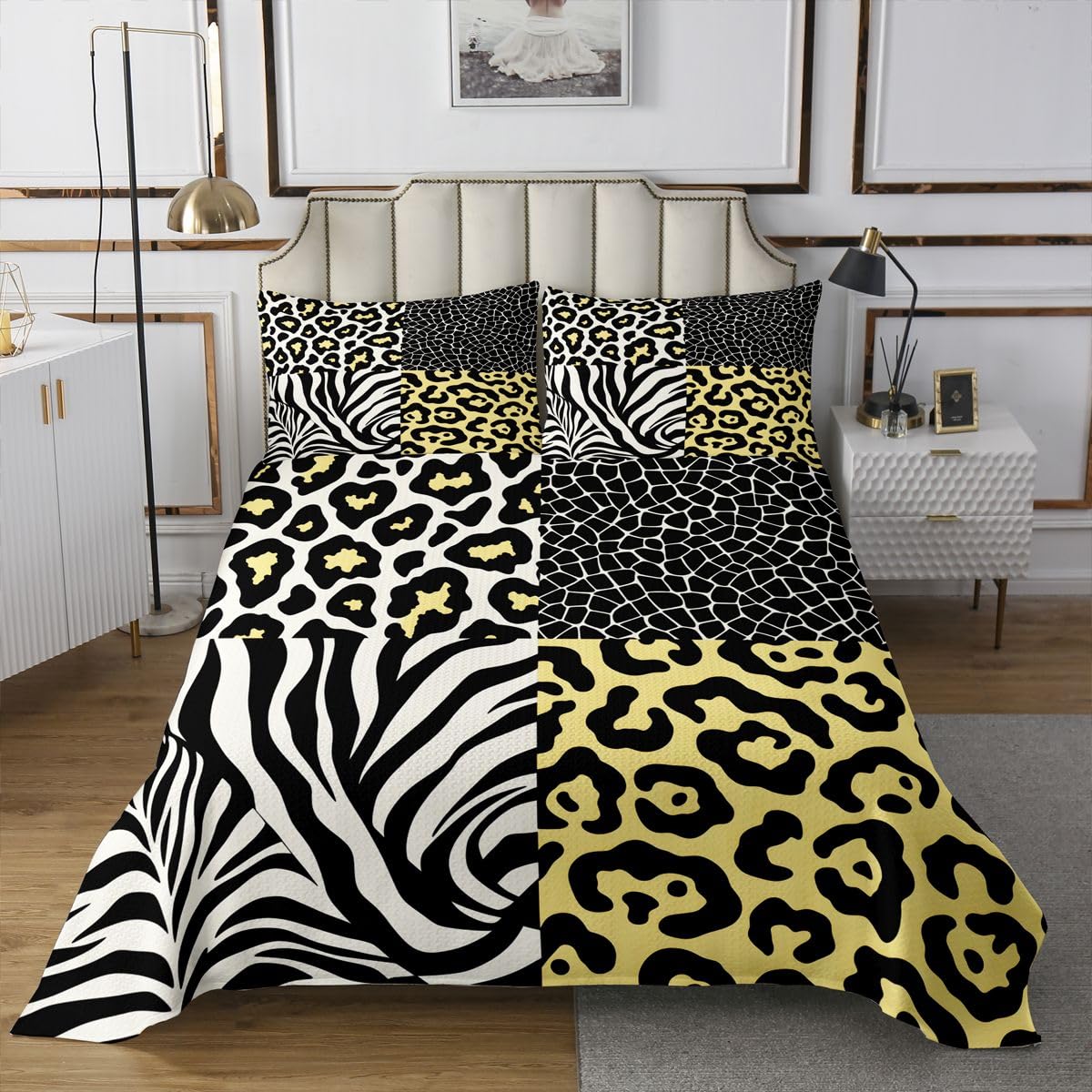Loussiesd Lampart Zebra Print Narzuta Kołdry Leopard Zebra Wzór Narzuta Zestaw Pojedynczy Rozmiar dla Dzieci Chłopców Dziewcząt Żółty Czarny Narzuta Narzuta Na Całoroczny Z 1 Poduszką Z Mikrofibry