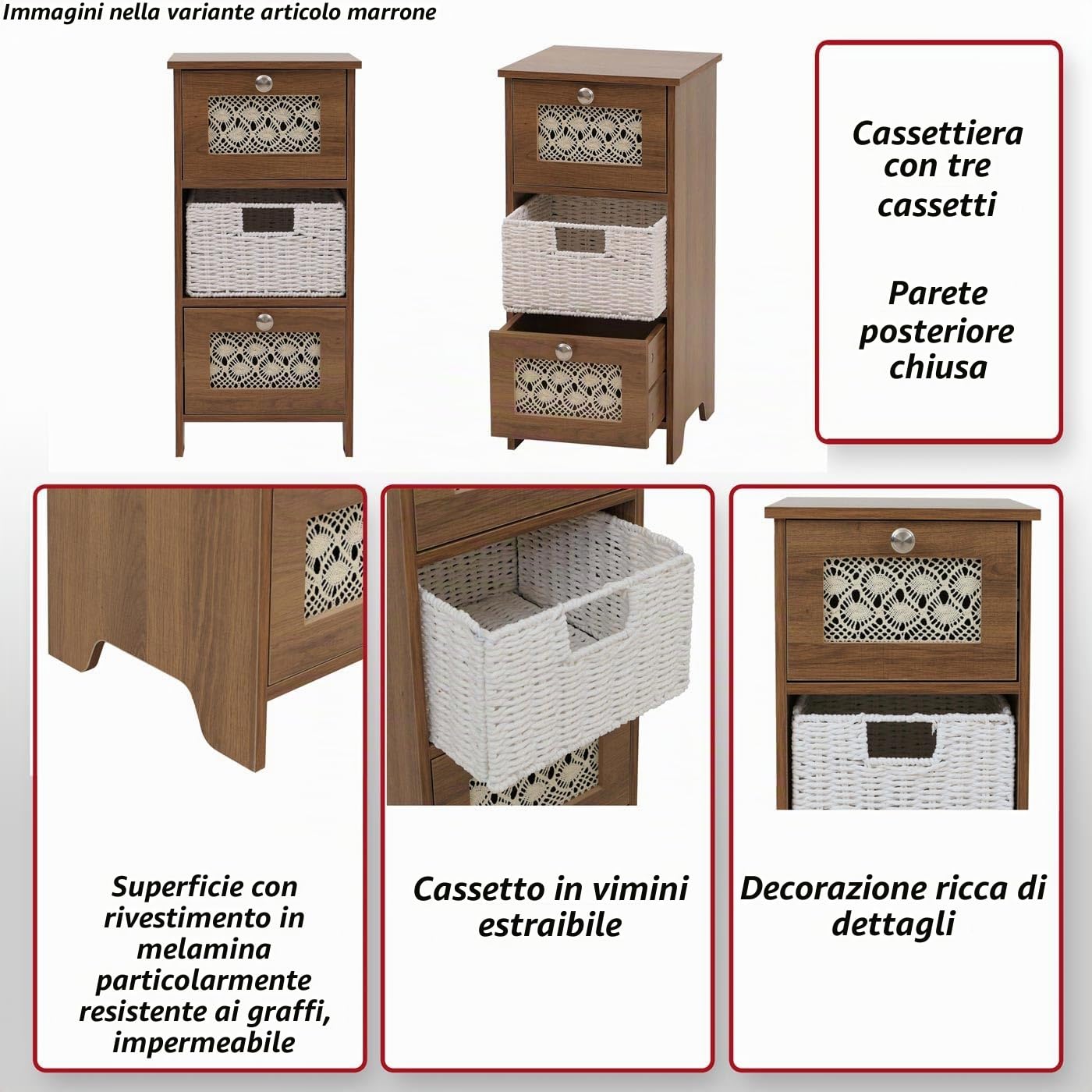 Mendler Comò HWC-O75, cassettiera, 3 cassetti a cestello decorativi legno melamina 63x30x30cm - bianco naturale