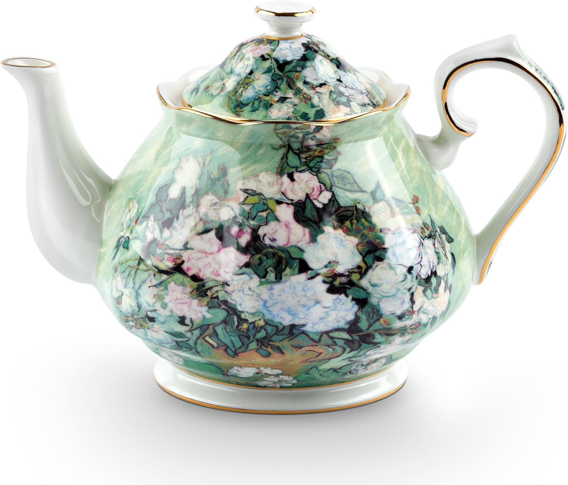 - Teapot 30 oz Vangogh Paintings Bone China Loose Tea Pot Floral Design Vintage Ceramic Coffee Water Pot European Style Porcelain (White Rose)