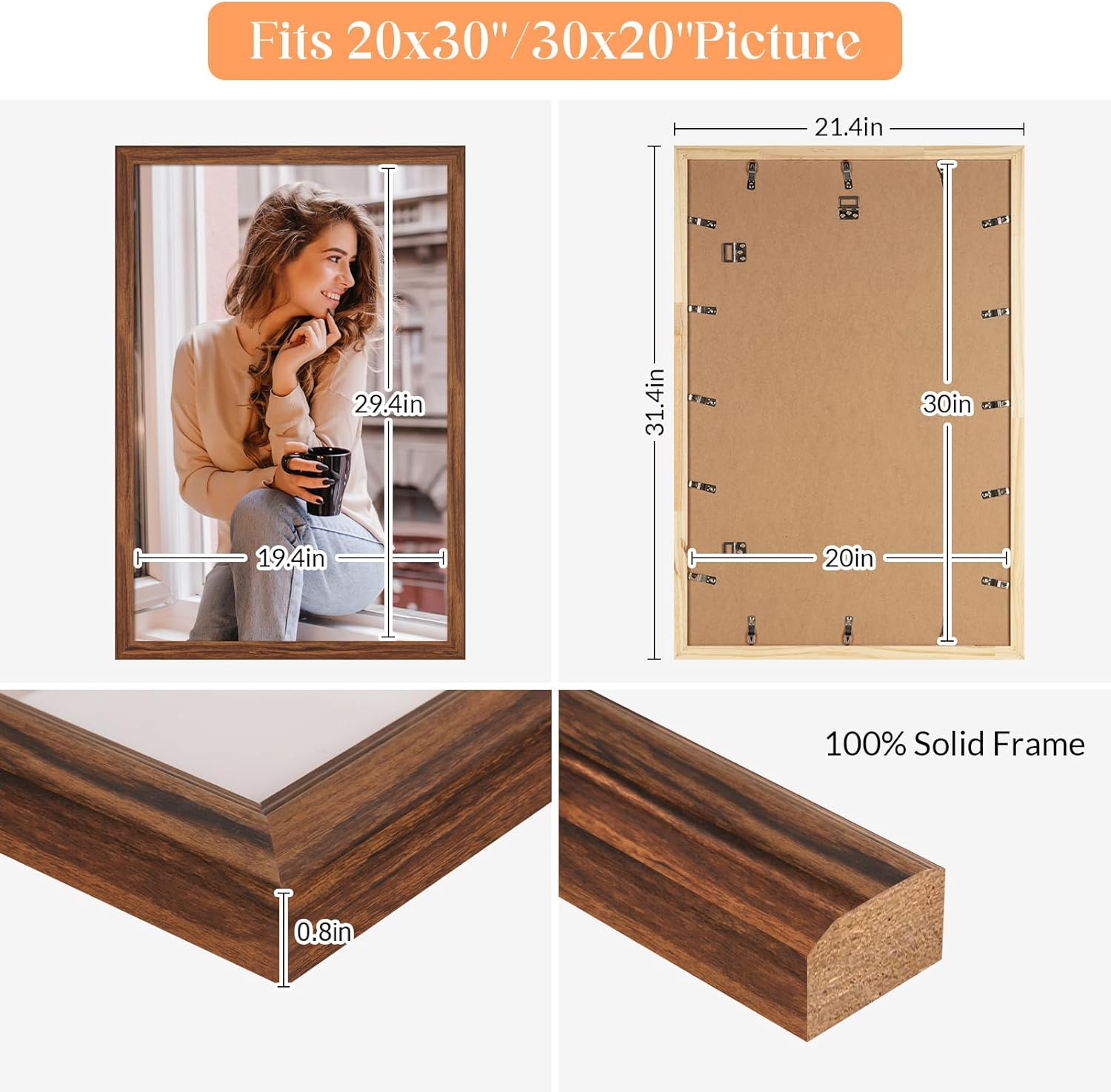 20x30 Solid Wood Frame, Rustic Brown Wood 30x20in Picture Poster Frame, Natural Modern 20 x 30inch Gallery Wall Pic Photo Frame with HD Plexiglass, Horizontal Vertical Wall Mounting Display 1pcs