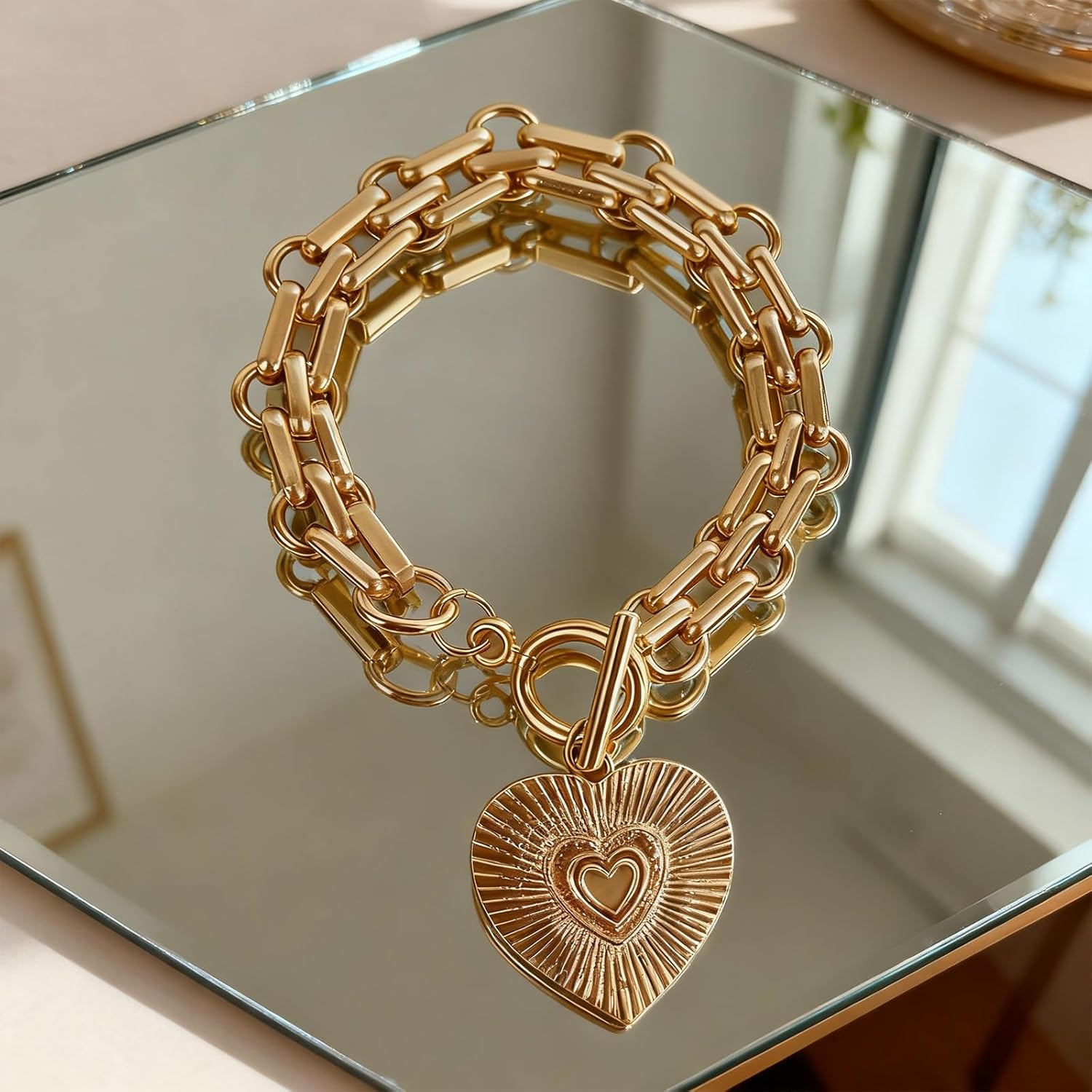 Heart Charm Bracelet for Women,Elegant Metal Big Heart Pendant Chain Bracelet,Chunky Stackable Link Chain Bracelet,Fashion Party Jewelry Accessories,Trendy Valentines Bracelet for Women - Image 4