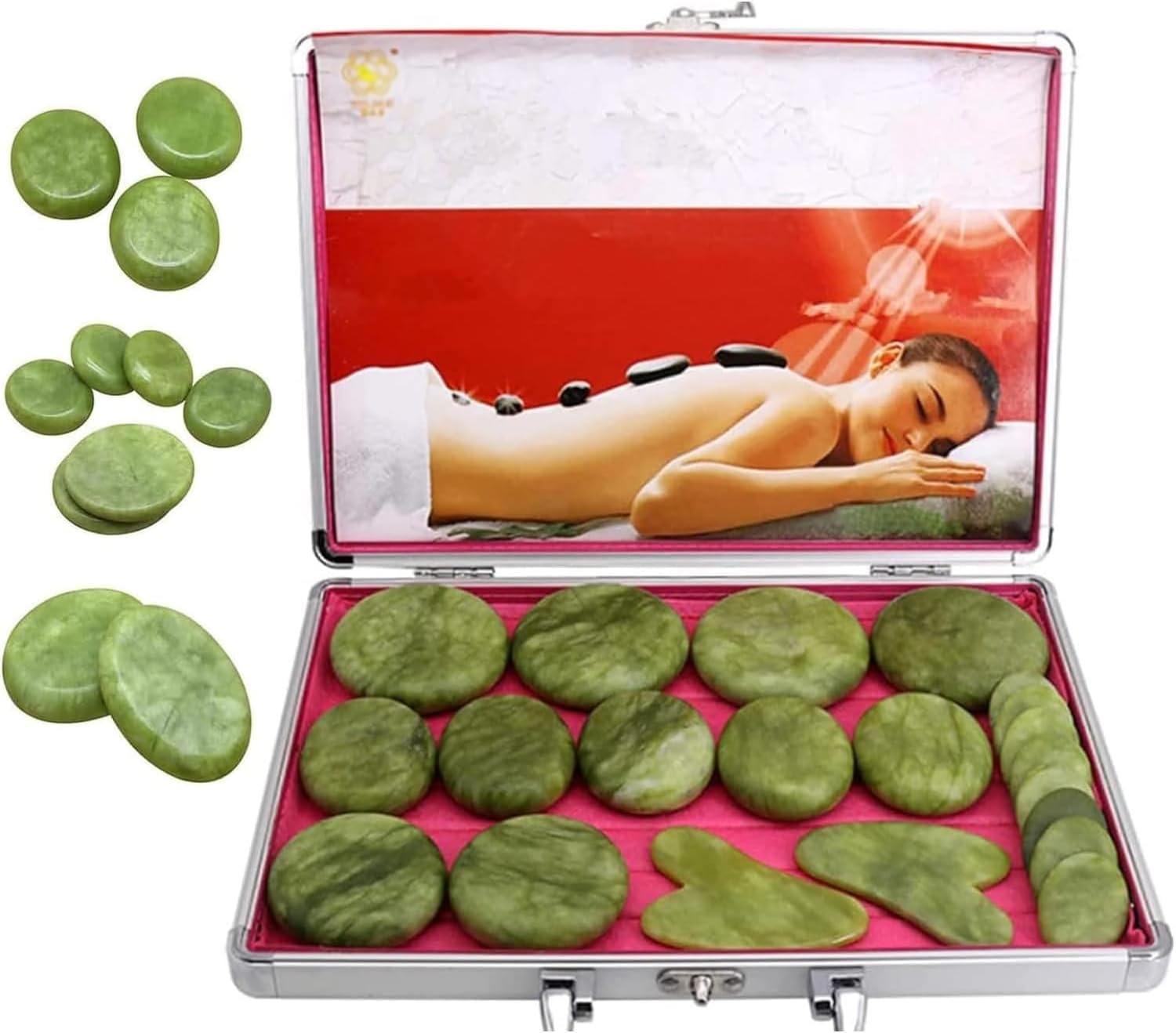 COYEUX 21PCS Of Olive Jade Massage Hot Stone Set, Electric Hot Stone Massage, with Heater, Energy Stone Scraping Board Set Suitable, Skincare Tools