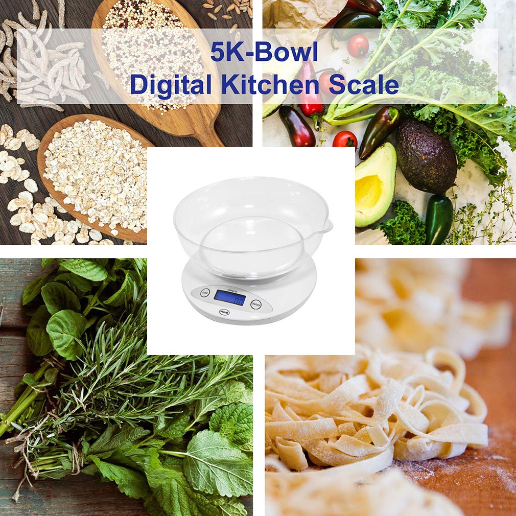American Weigh Scales Digital Kitchen Bowl Scale, Backlit LCD Display, Auto Off Function, Removable Bowl Design White5KBOWL-WT