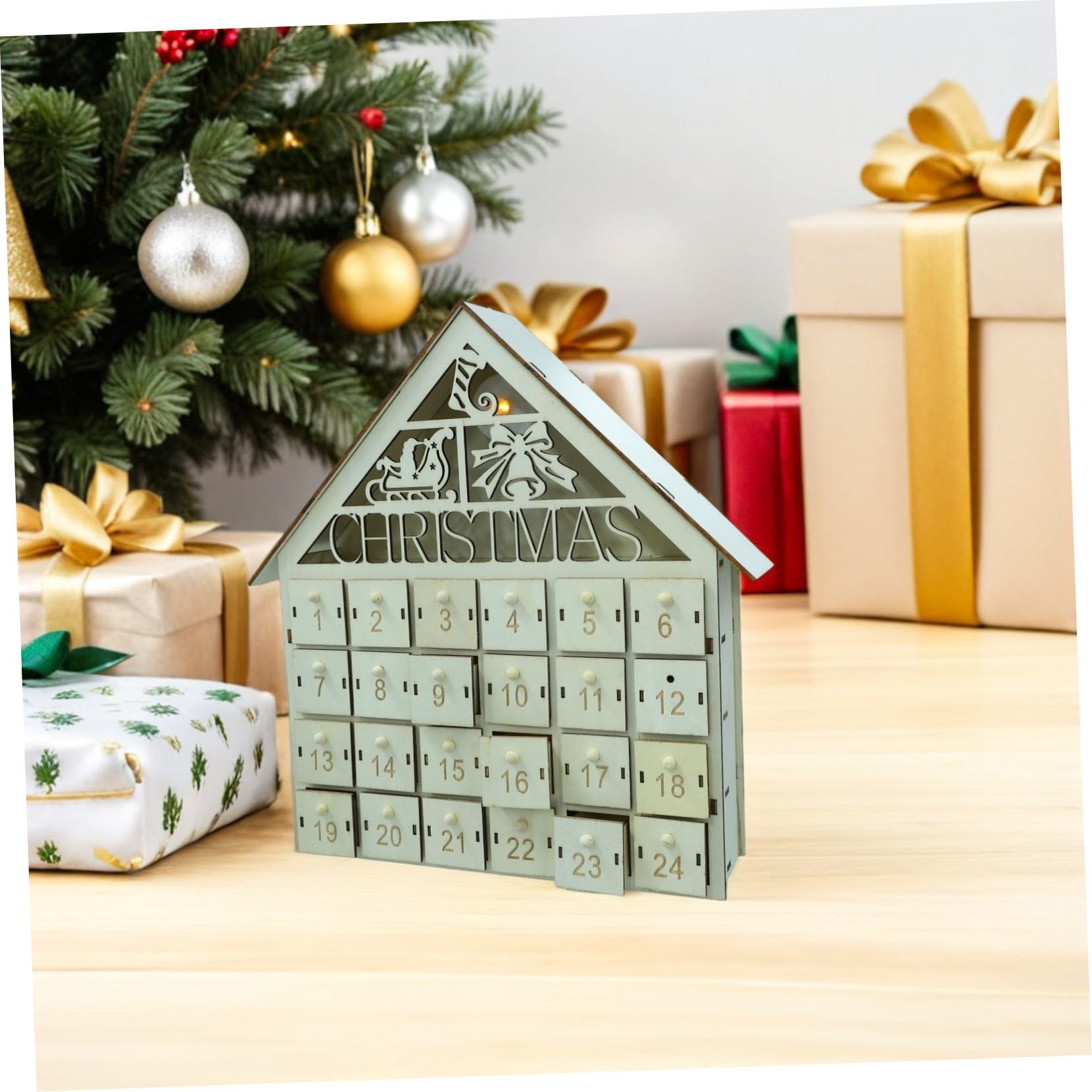 Calendario Avvento LED in Legno Giorni con Cassetti Riutilizzabili Casa Natalizia Illuminata con Luci Calde per Decorazioni Feste e Countdown Famiglia DIY