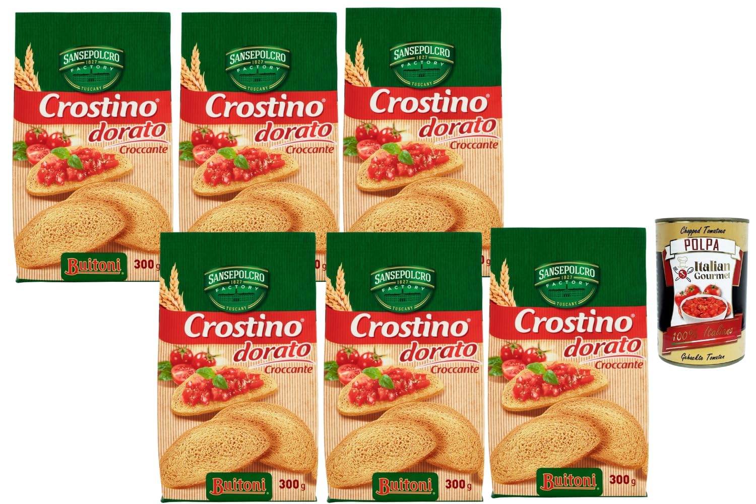 Italian Gourmet Bundle 6x Crostino Dorato Croccante 300g Biscottes Bruschetta Toast Apéritif Antipasti Ultra Croustillant Idéal Tartinables Tomate Fromage + Italian Gourmet Polpa