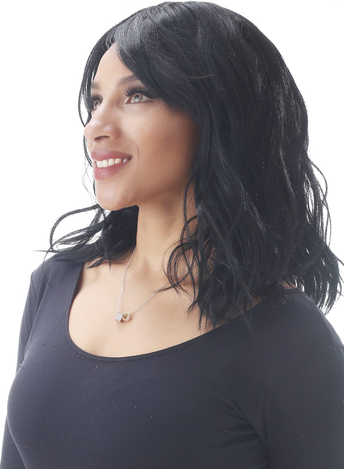 YONICOER 16" Wavy Wigs with Bangs for Women, Gluless Synthetic Short