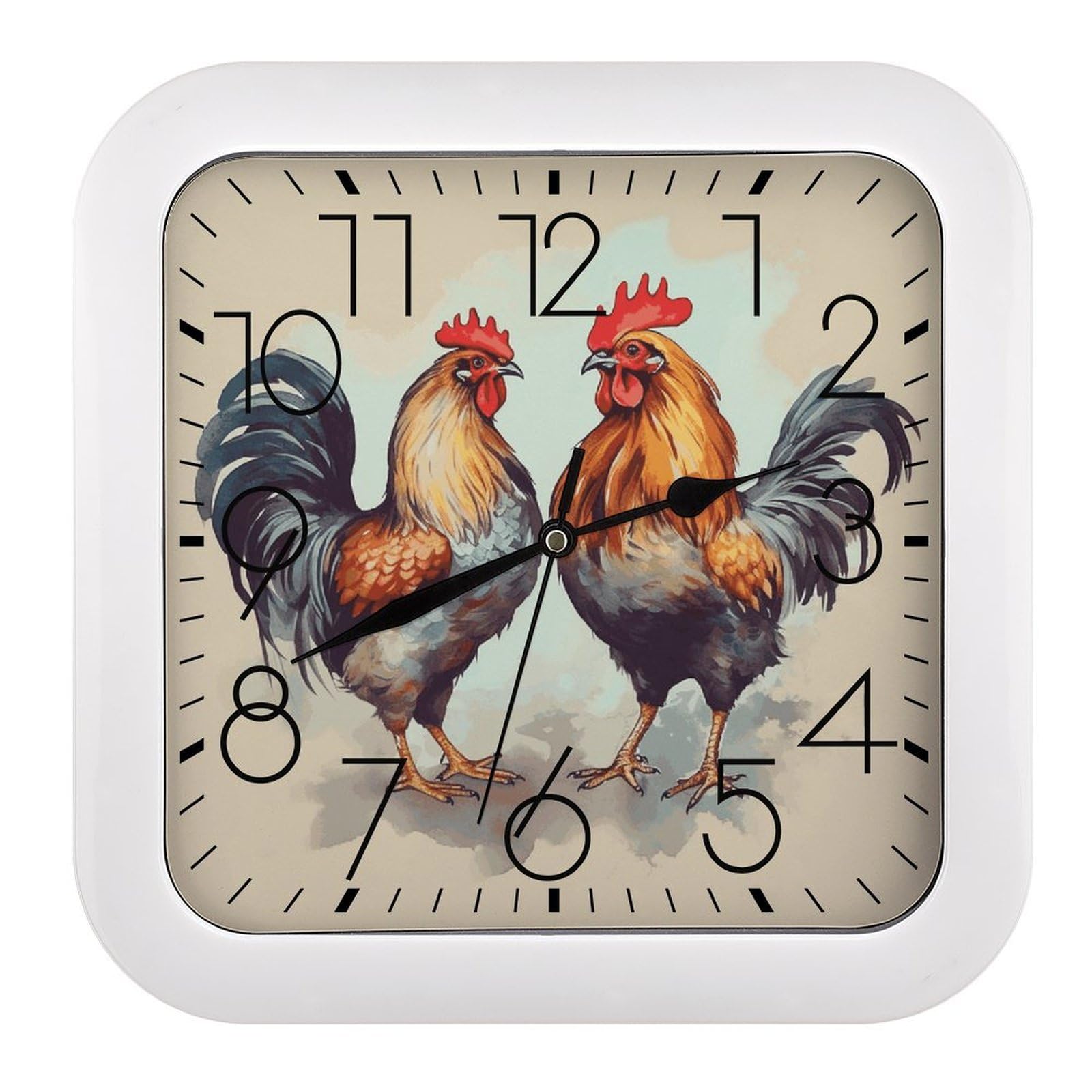 LDGSUPH Rooster and Hen Wall Clock Silent Non-Ticking Modern Clock Personalized Vintage Square Clocks for Travel Office Kitchen Home Decorative Clocks 10.2 Inch