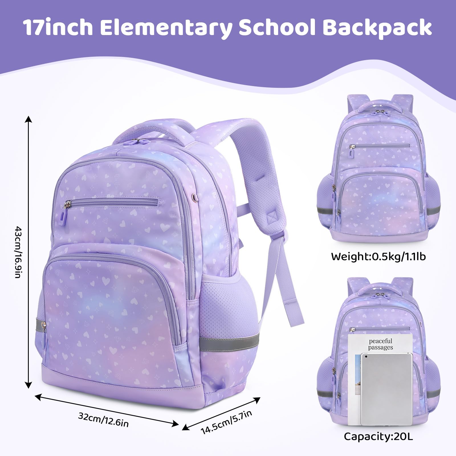 Sac a Dos Enfant Fille Garcon, 20L Cartable Primaire avec Poches, Bande réfléchissante & Boucle de poitrine pour Sports Voyage Cadeau Enfant - Dégradé Violet