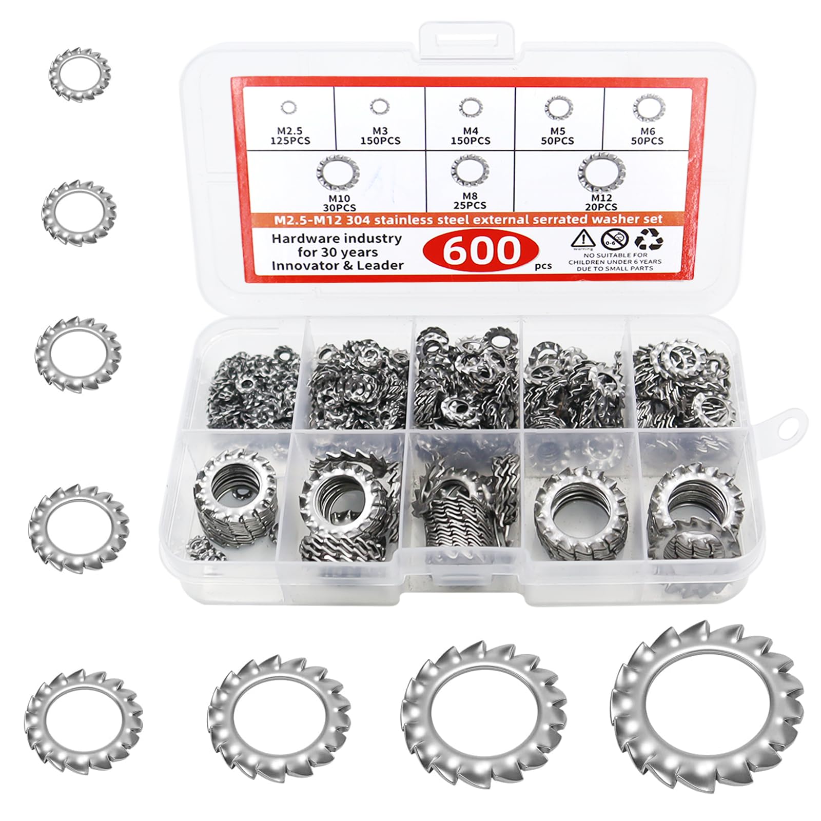 OMJMYY 600 Pezzi Rondelle di Sicurezza Acciaio Inox 304, Rondelle Esterne di Bloccaggio Denti a Stella Rondelle di Serraggio Seghettate M2,5 M3 M4 M5 M6 M8 M10 M12
