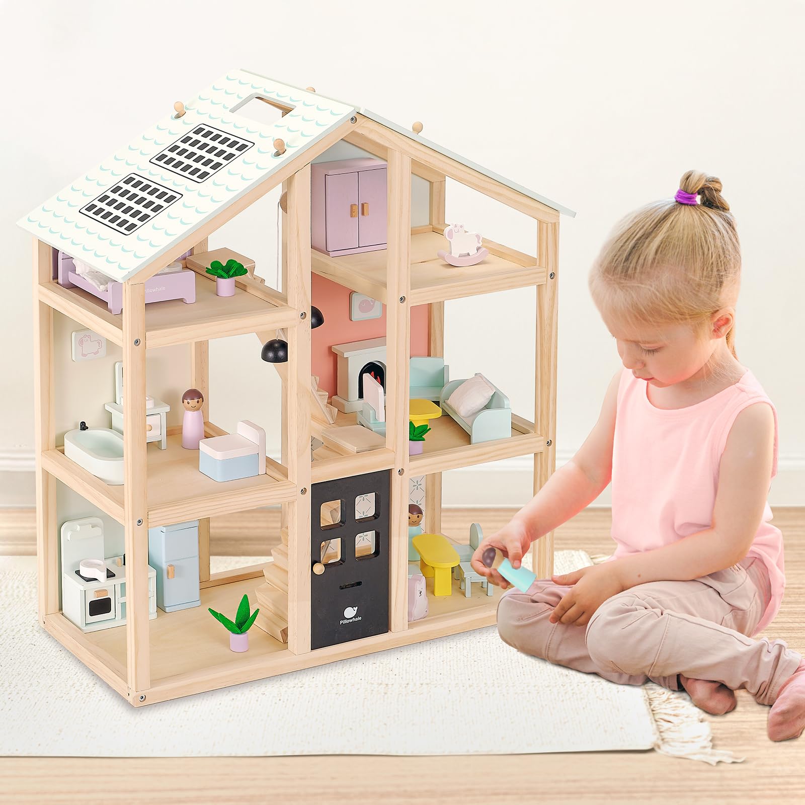 Amazon | Pillowhale 木製ドールハウス 3歳以上の女の子向け 3階建ての