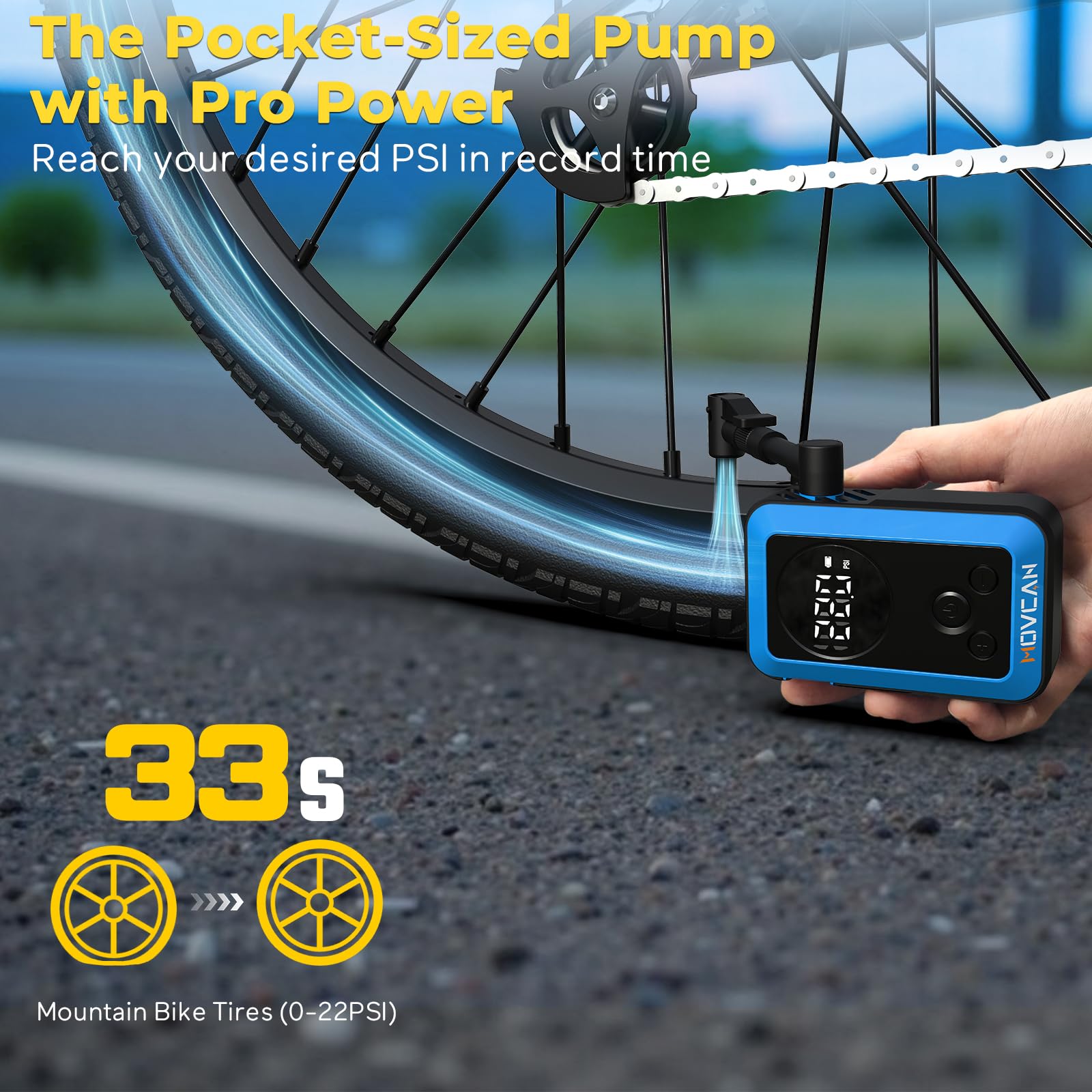 MOVCAN Mini-Fahrradpumpe, 25 Sekunden, schnelle Fahrradpumpe mit Messgerät, 150 PSI, tragbare Elektro-Fahrrad-Luftpumpe mit Presta- und Schrader-Ventil, Aufblasnadel für Fahrrad, Motorrad