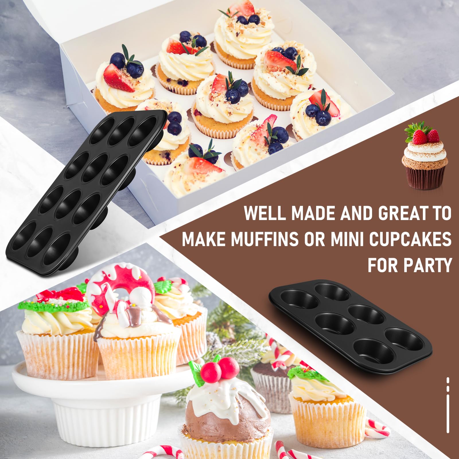 SiliFine 3 Stück Antihaft-Muffinform aus Karbonstahl, Cupcake-Form, leicht zu reinigen, Muffinblech, Backgeschirr zum Backen von Cupcakes, Käsekuchen, 6 Tassen, 12 Tassen und 24 Tassen, Jumbo