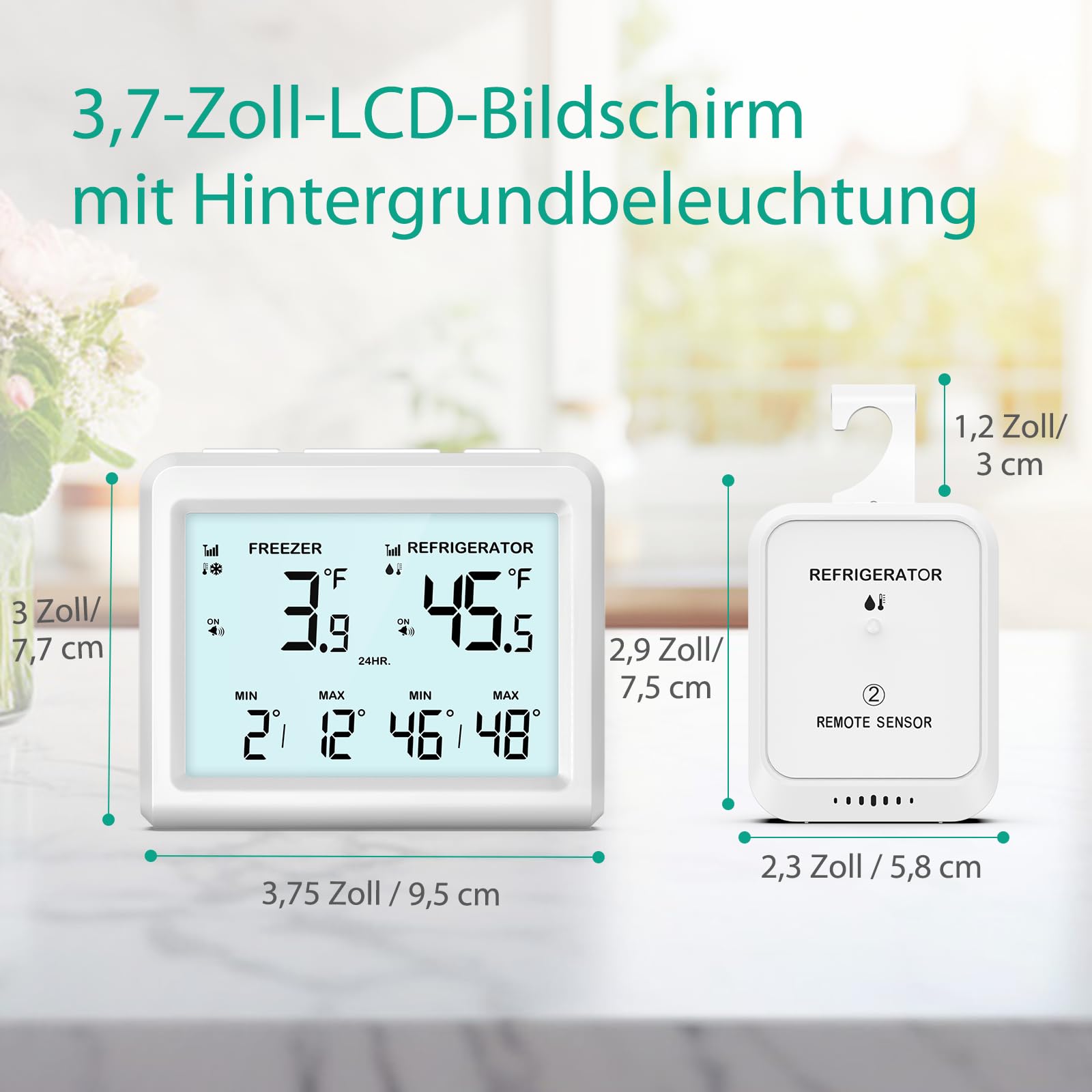 ORIA Digitales Kühlschrankthermometer, Gefrierschrank Refrigerator Thermometer mit 2 kabellosen Sensoren, 3,7" Bildschirm, 2 Alarmmodi (Symbol/Klang), ℃/℉, Min/Max-Wert, für Zuhause, Restaurants