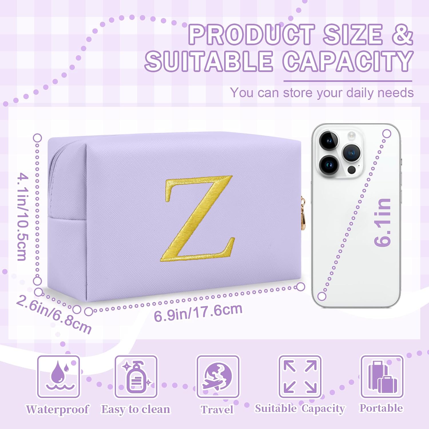 Personalized Gift Initial Makeup Bag,Preppy Gold Embroidered Letter Cosmetic Bag Stocking Stuffers for Teen Girls,Small Travel Toiletry Bag,Custom Christmas Birthday Gift for Women Mom Kids(Purple-Z) image 2