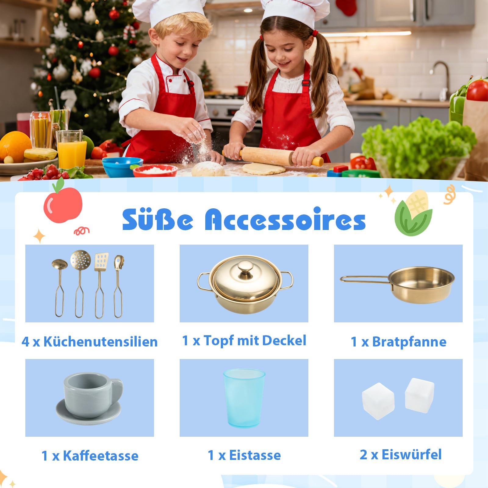 COSTWAY Kinderküche mit Zubehör, Spielküche Holz mit Herd, Wasserhahn, Spüle, Mikrowelle & Kaffeemaschine, Spielzeugküche Holz für Kinder ab 3 Jahren