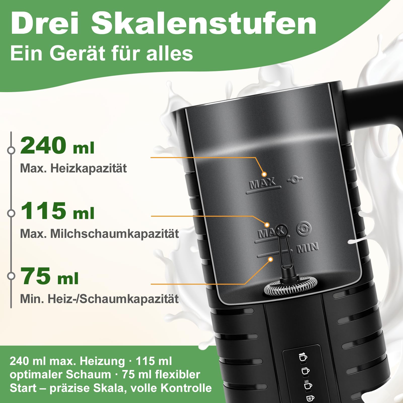Milchaufschäumer Elektrisch Spülmaschinenfest, Leise, 75-240 ml