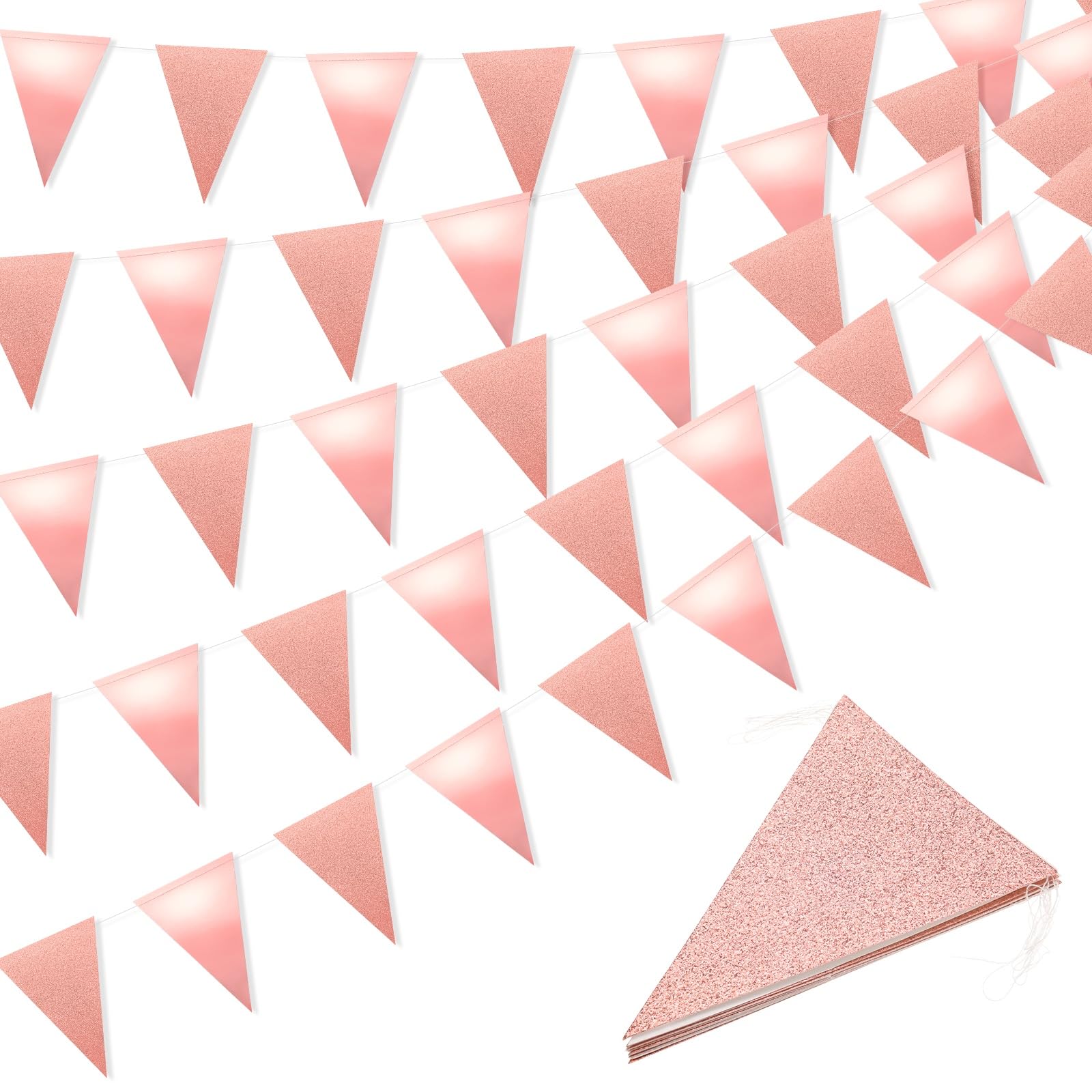 M METERXITY 6-Pack 3m/9.8FT Triangle Pennant Banner Flag Metallic Paper Bunting Party Decoration Triangle Flags for Christmas/Graduation/Wedding/Birthday Rose Gold