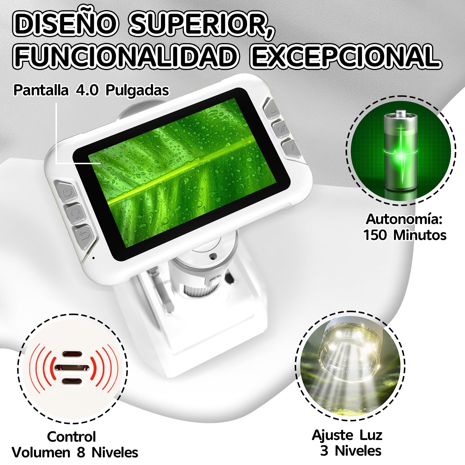 Charmofun Microscopio para Niños, Microscopio Portátil Niños con Tarjeta de Memoria de 64G, Microscopios Digital Infantil con Pantalla LCD de 4", Aumento 1600X, Fotos y Videos, Función Portátil y Fija