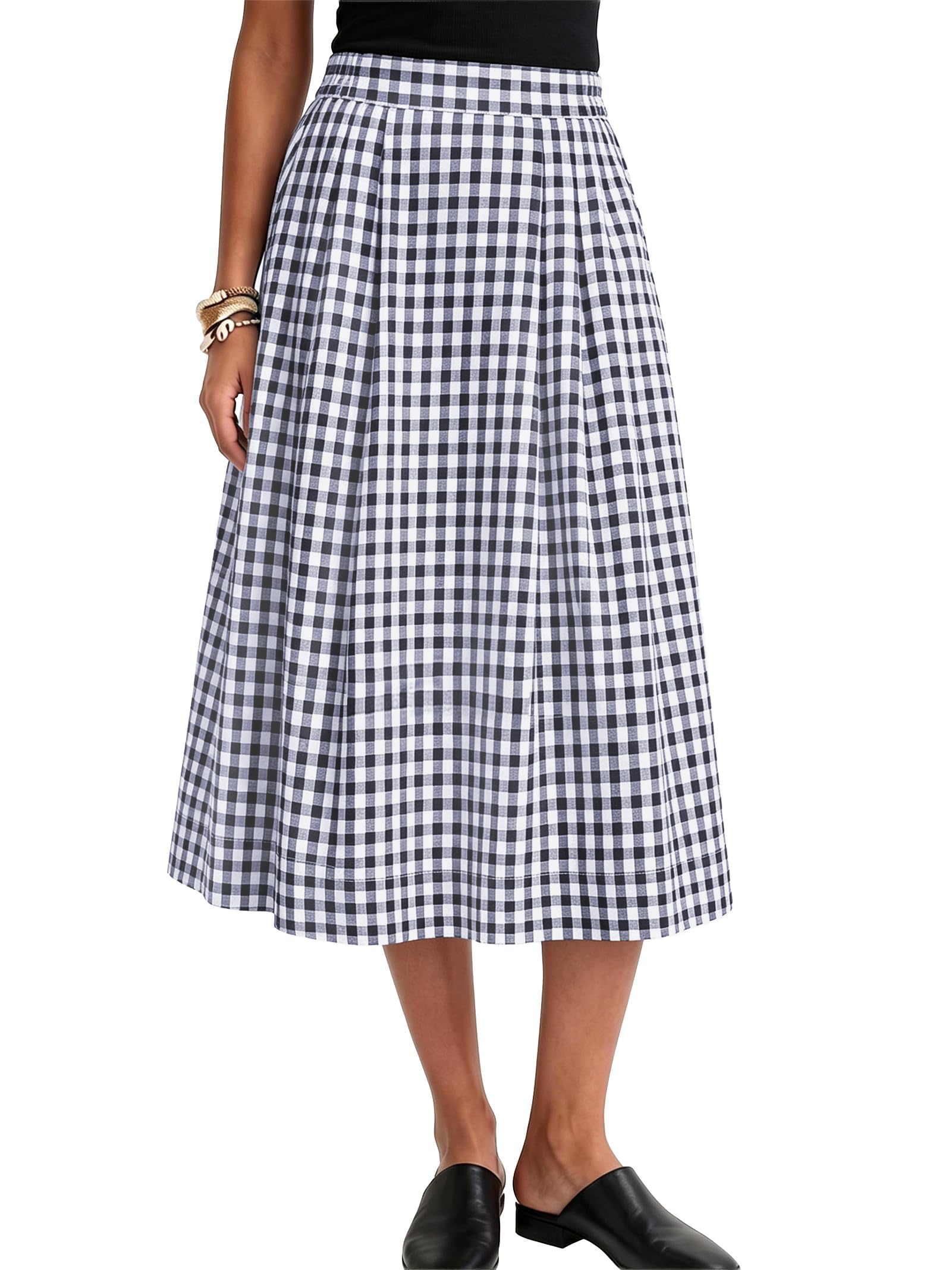 Casly Lamiit Women's A Line Midi Skirt Elastic Waist Skirts with Pockets
