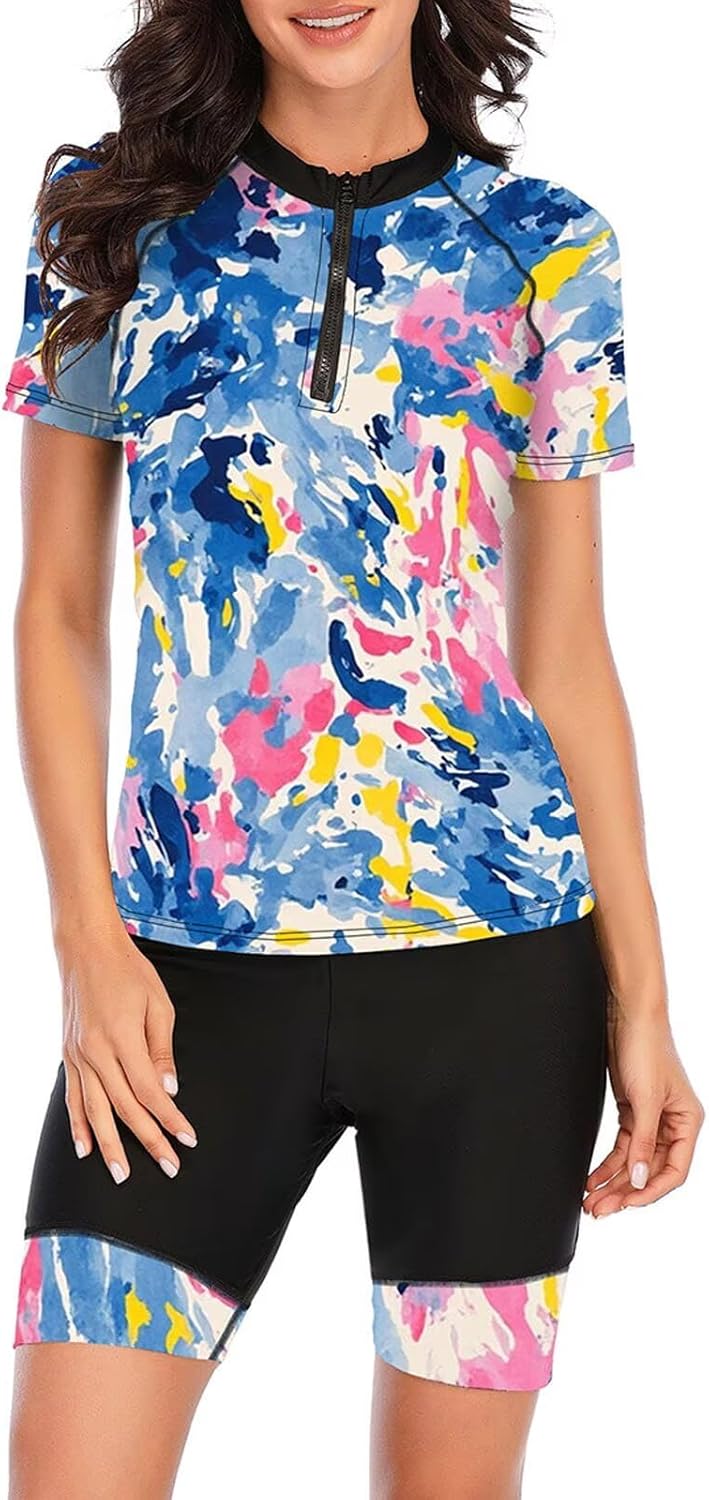 JadeRich Women's Short Sleeve Rash Guard Swimsuit Patterned Zipper Two Piece Bathing Swimwear