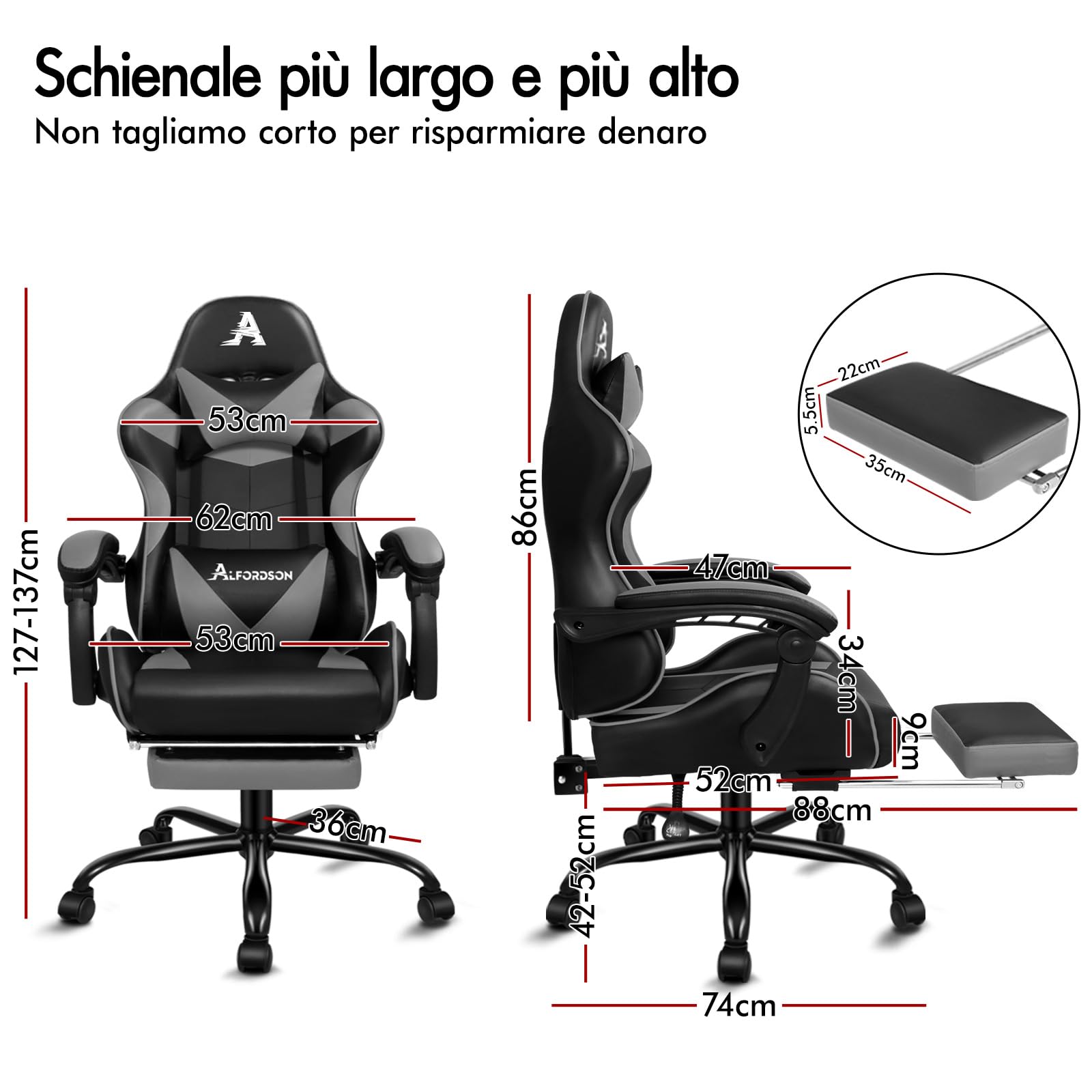 ALFORDSON Sedia Gaming Massaggiante, Sedia Gamer Professionale con Cuscino Lombare & Poggiatesta, Poltrona Ergonomica da Ufficio con Poggiapiedi, Regolabile 90-150°, Portata 180 kg, Similpelle(Grigia)