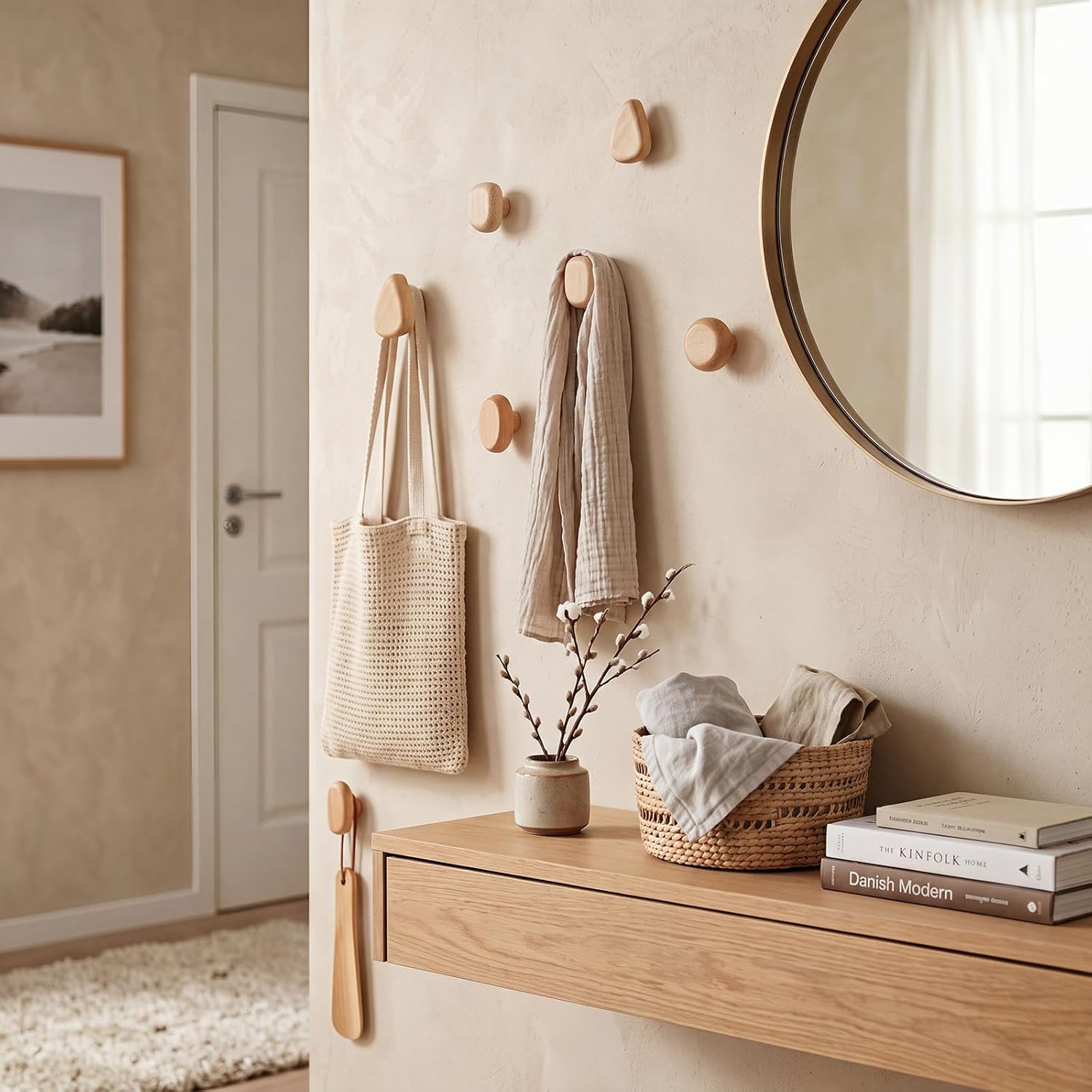 Novabright 8 Pcs Beech Wood Wall Mounted Coat Hooks 1.7-2.4'' Wall Hooks