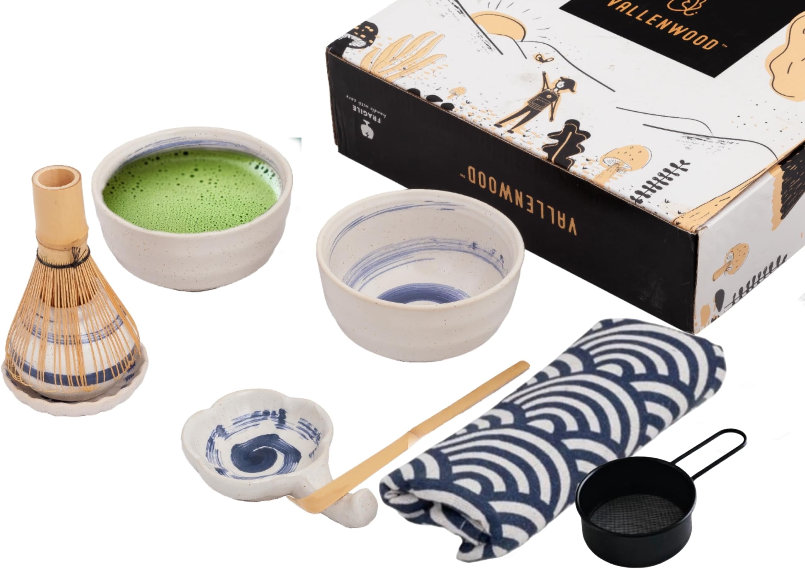 Unique Matcha Set: 9 pieces set, A Ceremonial Grade Kit For Matcha With 2 Thick Glazed Dark Blue Hand Painted bowls. Bamboo Whisk, Scoop, Strainer, Table Runner, chop stand, dish bottle. (Fuji Blue)