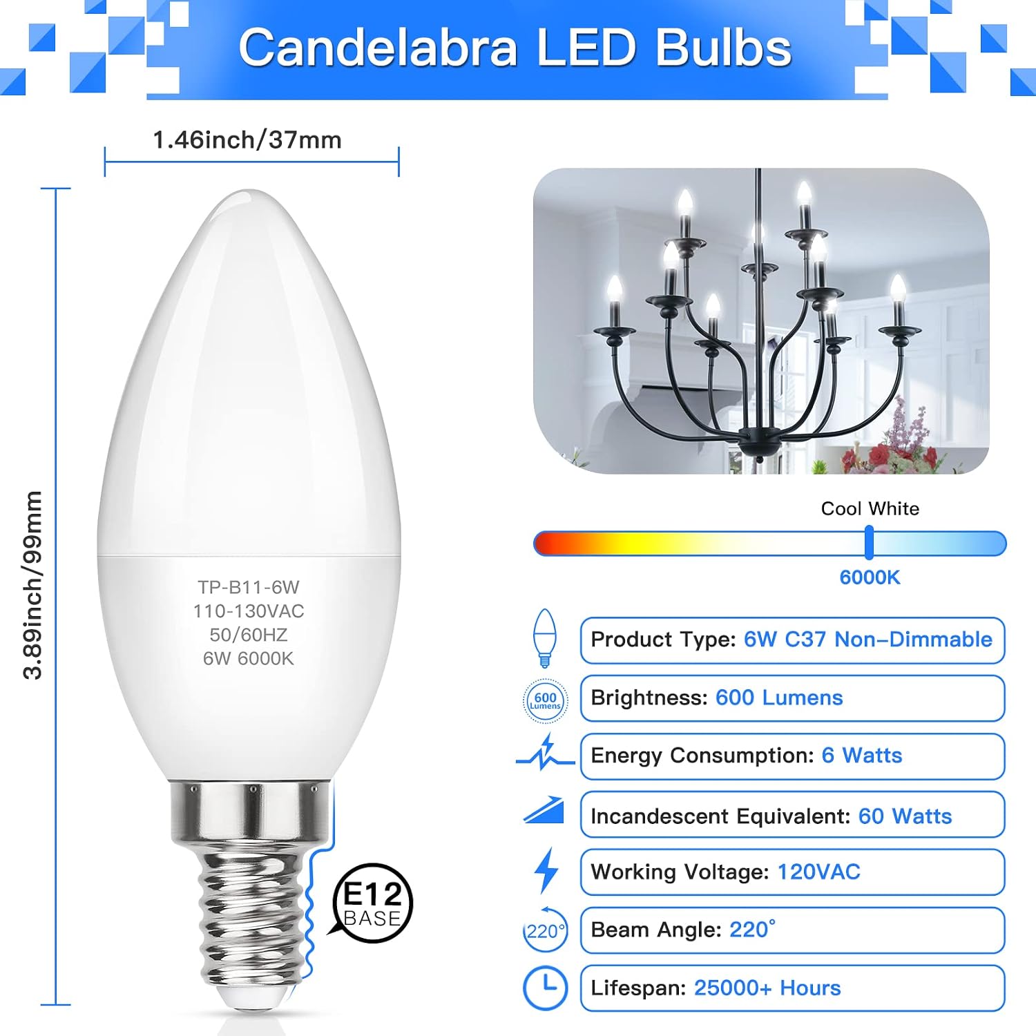 MAXvolador E12 LED Candelabra Light Bulbs 60W Equivalent, Cool White 6000K 600 Lumens Chandelier Bulb, 6W B11 Candle Base, Non-Dimmable, Pack of 6