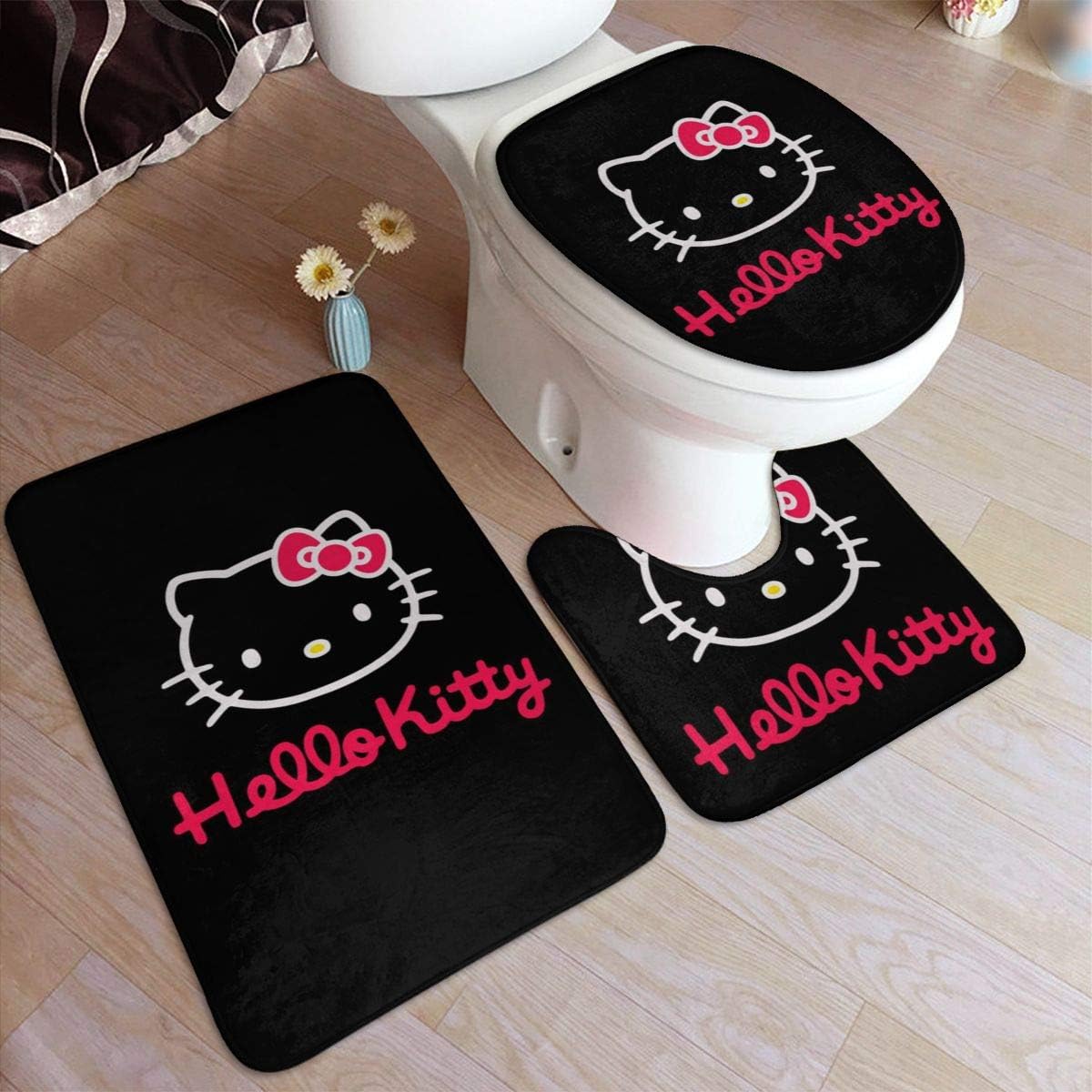 Max 42% OFF 3-Pack Boston Mall Bath Mat Set Black and Bathroom Non Kitty Slip Hello Pink