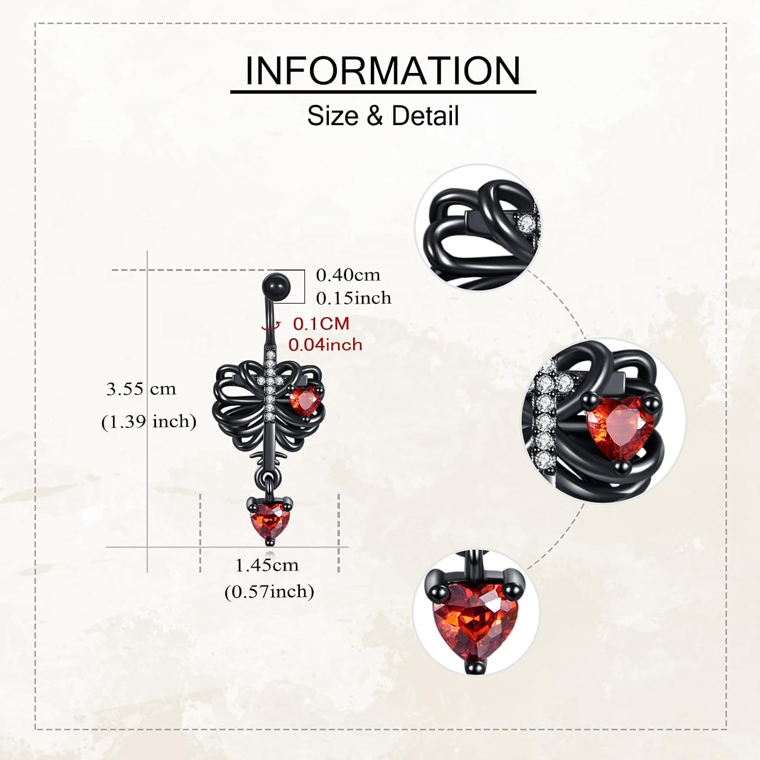 Skeleton Rib Belly Button Ring 925 Sterling Silver Gothic Red Heart Dangle Belly Button Piercing Body Navel Rings Goth Jewelry Gift for Women