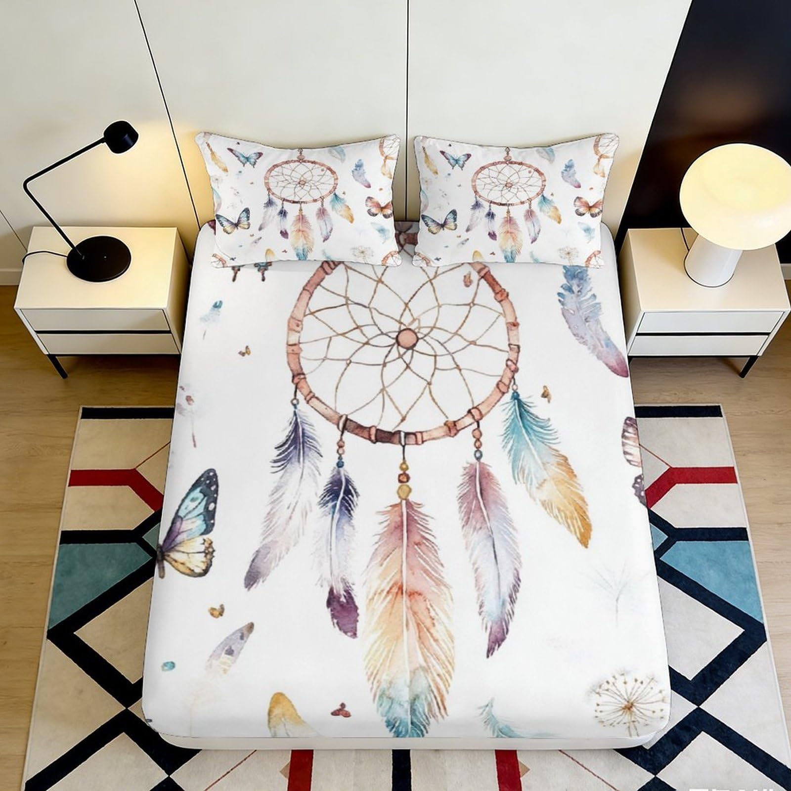 3D Printed Dreamcatcher Butterfly Fitted Sheet Microfiber Soft Mattress Cover Anti-Slip Decor for Bedroom Dorm Guest Room 90x200x25cm