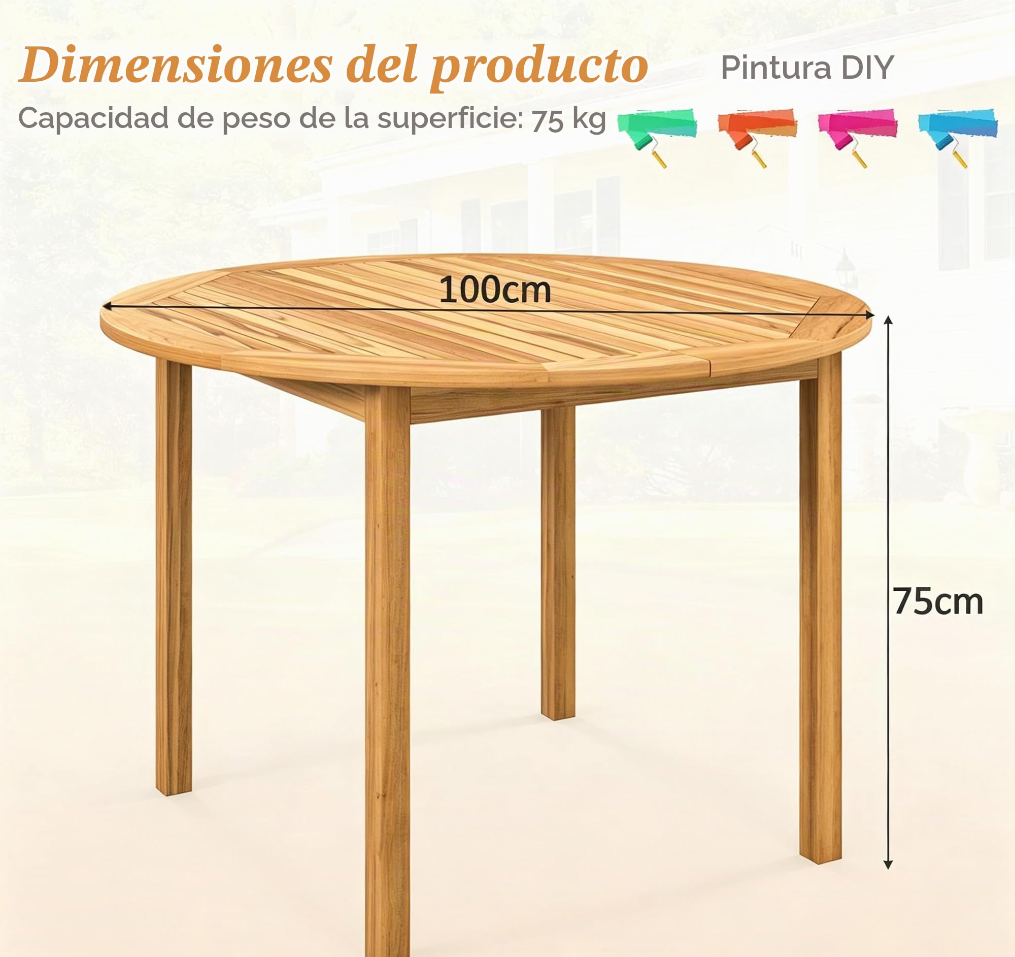 GOPLUS Mesa de Comedor de Madera de Acacia con Tablero de Listones | Mesa Redonda Clásica para 4 Personas, Ideal para Interiores y Exteriores, 100x100x75 cm