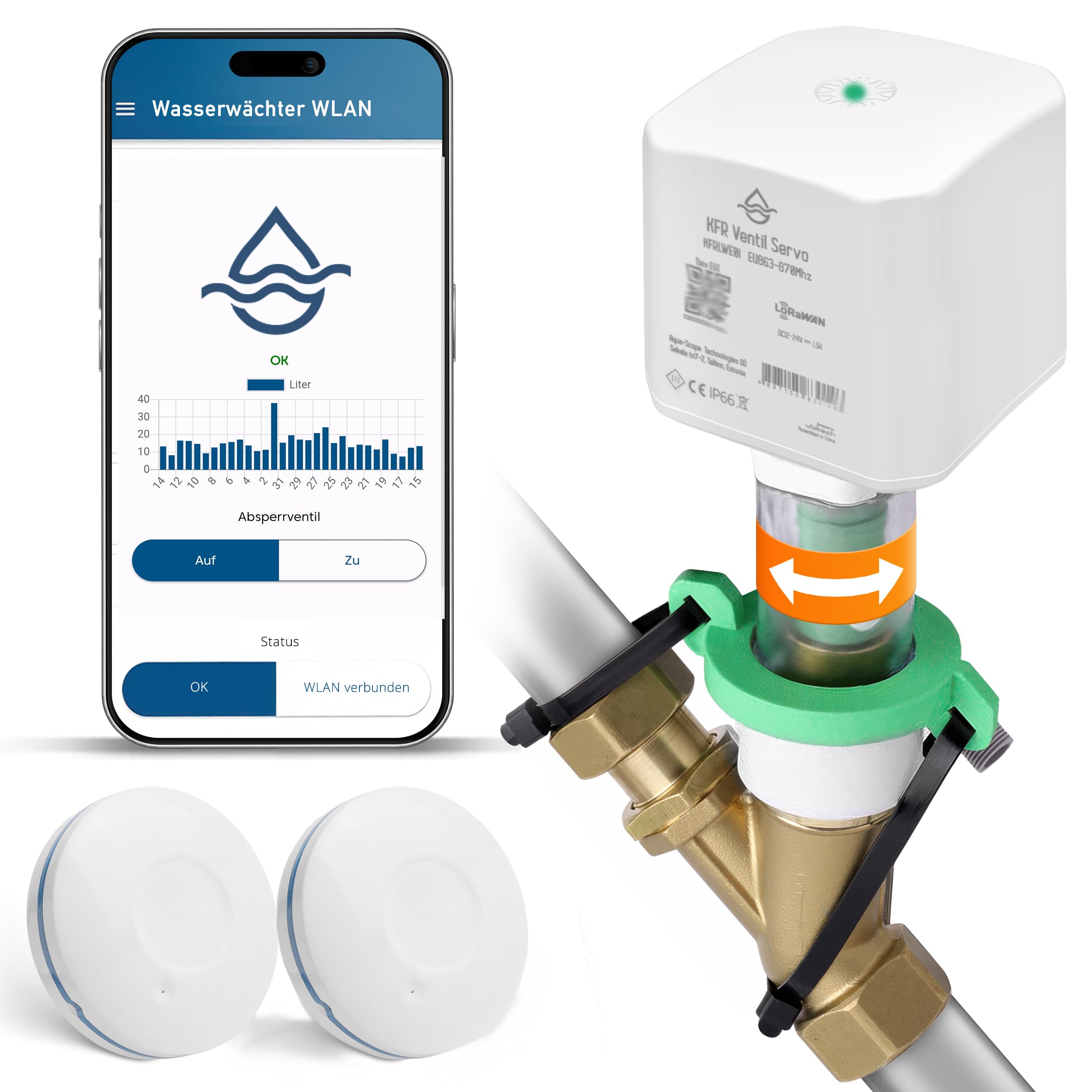 Wassermelder WLAN mit Abschaltung Hauptventil bei Alarm, LeakAlert 360, für Schrägventile, DIY-Installation ohne Klempner, Laute 50dB Alarm, 2 Funk-Wassersensoren, erweiterbar