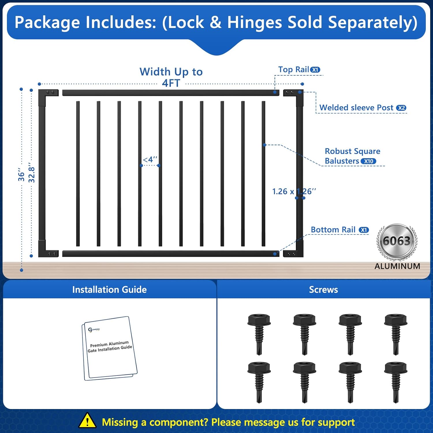 W.4ft x H.36in Aluminum Deck Gate Kit for H. 36in Railing System, DIY Cuttable Porch Gate Outdoor Texture Black AAMA 2604 Grade Finish for Deck Patios, Porch, Garden, Yard (No Hinge & Lock)