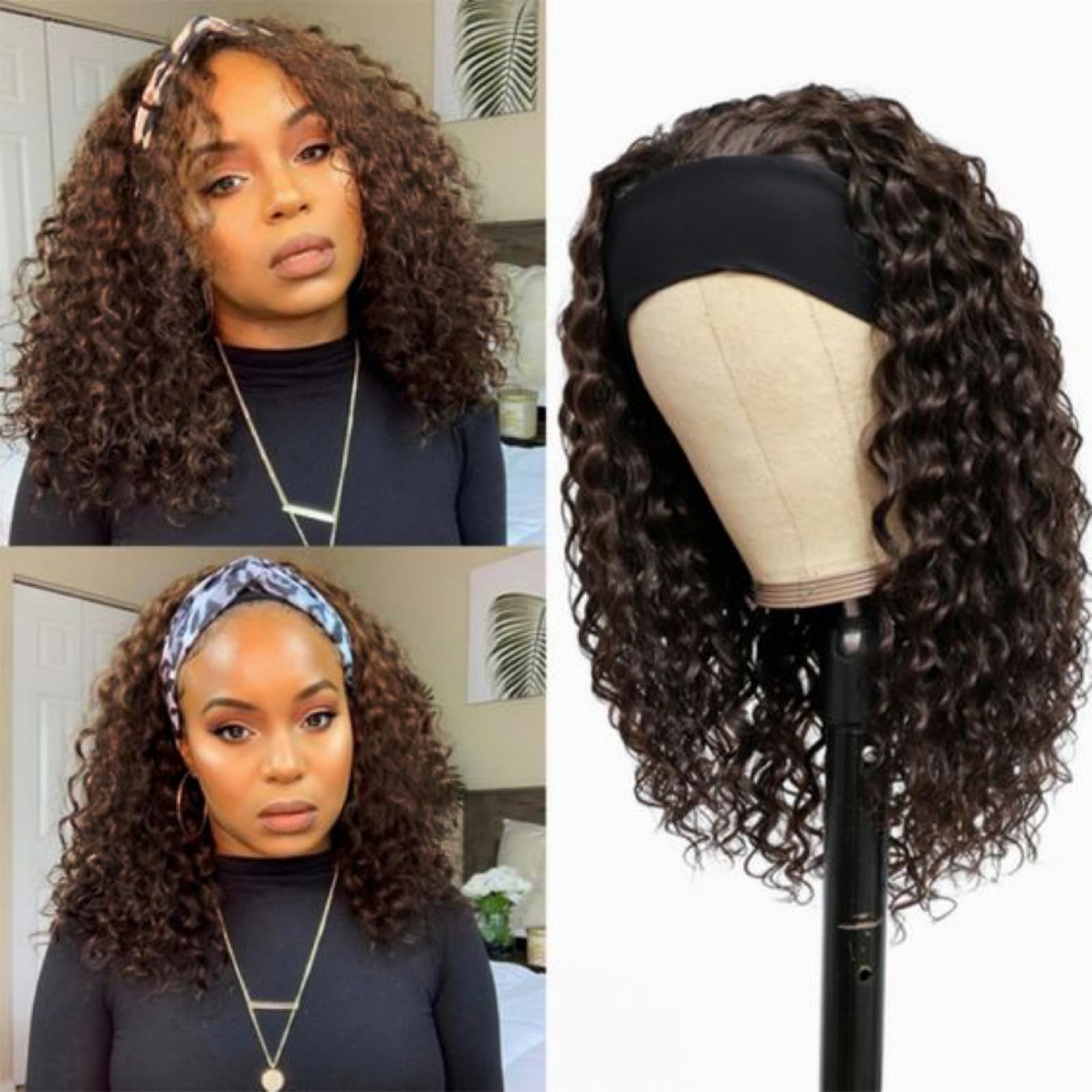 Punmasa Parrucca di capelli umani ondulati castano cioccolato, senza colla, realizzata a macchina, densità 150%, parrucca di capelli umani con fasce, 55,9 cm