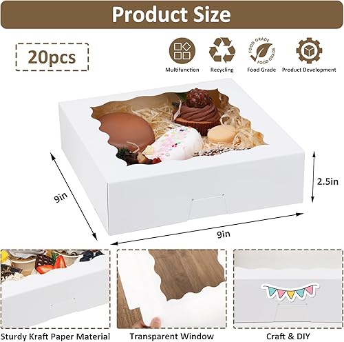Miniatura 2 de Moretoes 20 cajas blancas para tartas de 9 x 9 x 2.5 pulgadas con ventana para donas, galletas, magdalenas, fresas cubiertas de chocolate para el