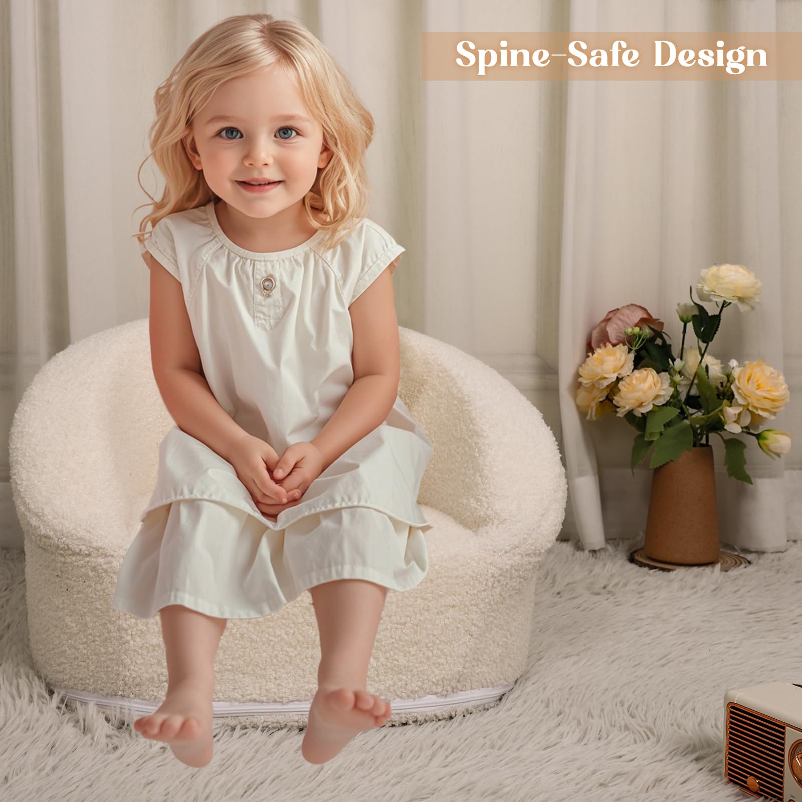 Mini sofá de peluche para niños, silla portátil compacta de 17.3 pulgadas con asa de transporte, funda lavable, diseño seguro y resistente, adecuada para niños y niñas, color blanco 4