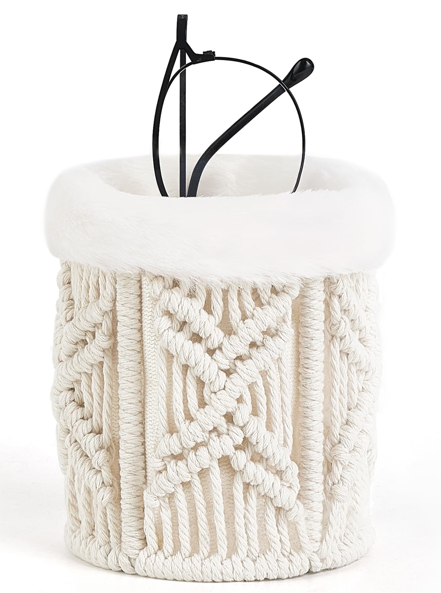 Mkono Glasses Holder for Nightstand Macrame Plush Lined Glasses Stand for Multiple Glasses Boho Decor Eyeglass Case Holder for Office Desk Organizer