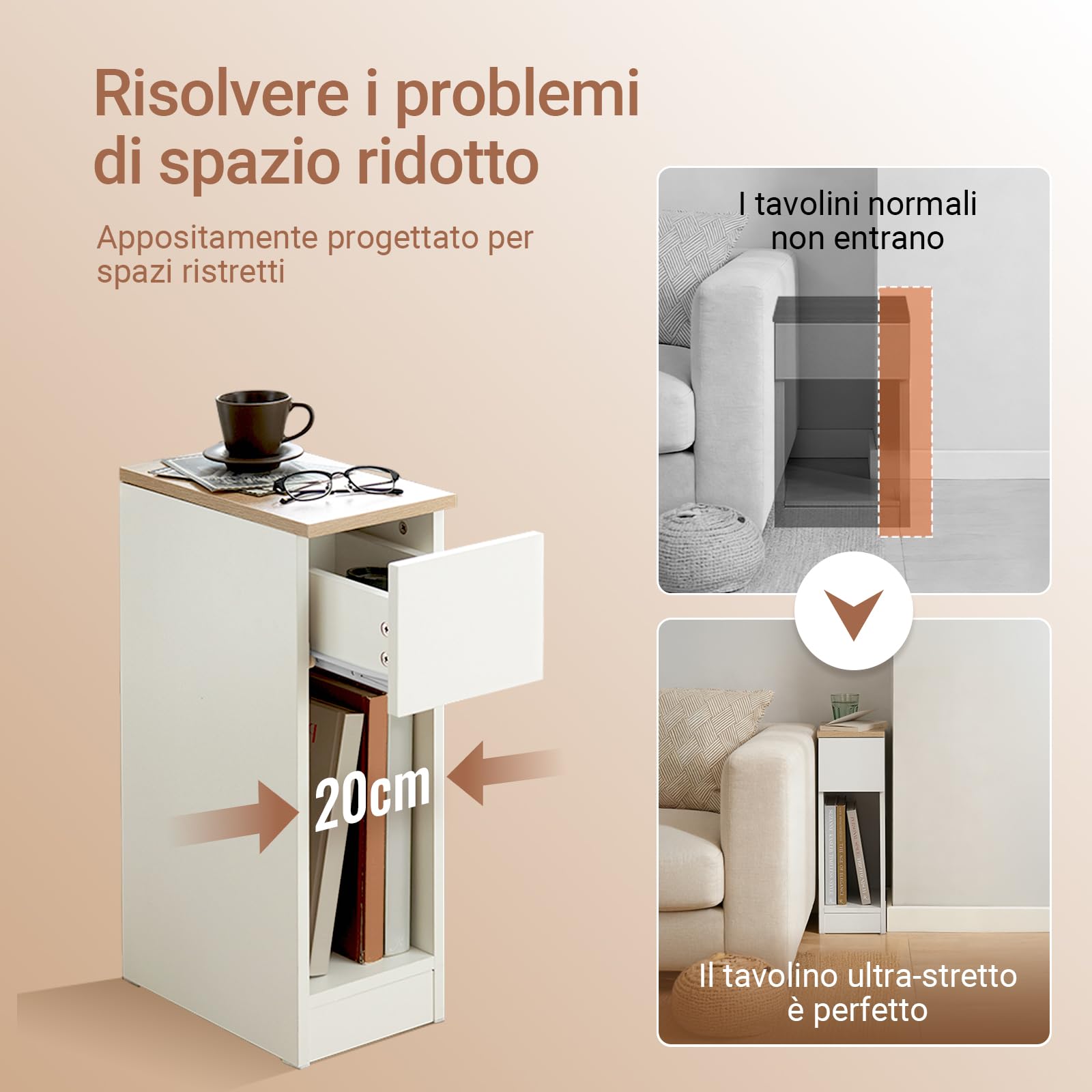 SoBuy set da 2 Comodino camera da letto stretto 20 cm con cassetto comodino salvaspazio & tavolino da letto per piccoli spazi camera da letto soggiorno bianco 20x35x60 cm FBT111-WNx2