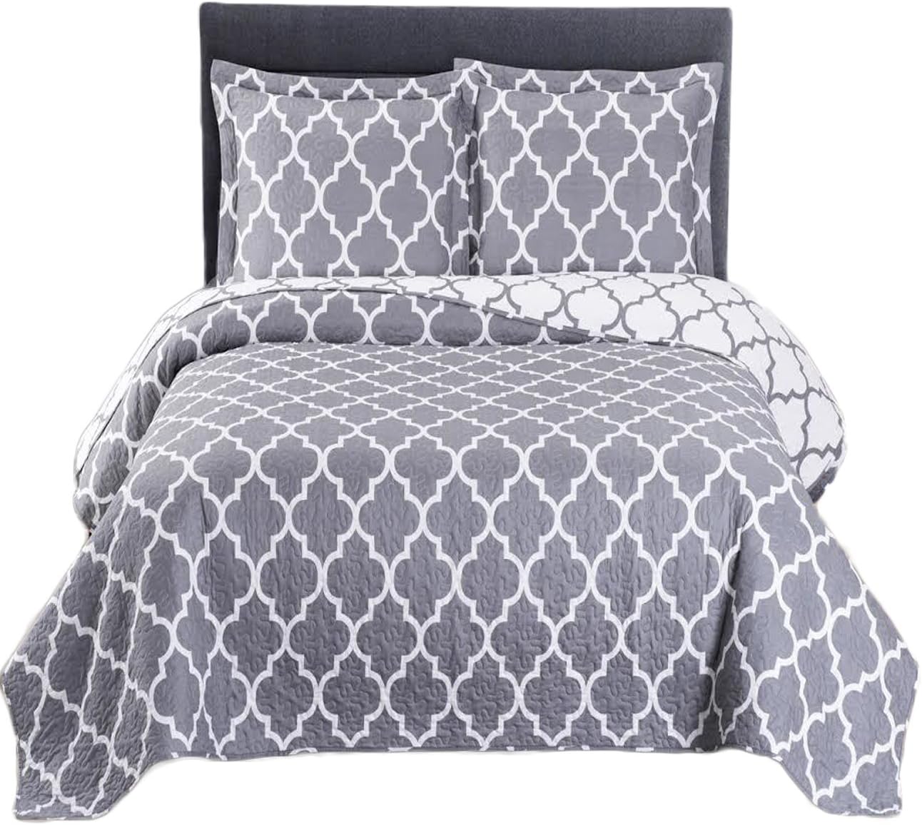 Royal Tradition Meridian-Grey Reversible Coverlets, California King Over-Sized 3pc Quilt Set (110-Inch Wide x 96-Inch Long) Lightweight Bedspread