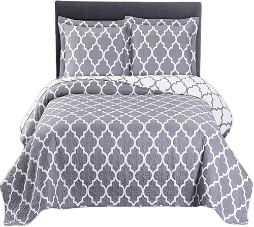 Juego de edredón de 3 unidades de tamaño grande Meridian cubrecama de microfibra estampada de lujo por Sheetsnthings, Microfibra, GrisBlanco, Full