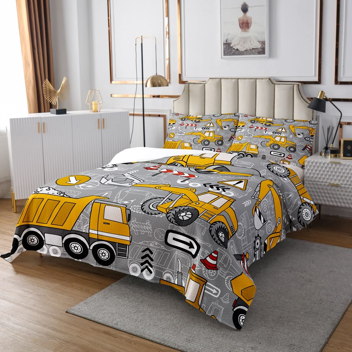 Erosebridal Boys Cartoon Car Twin Quilt Set Kids Construction Vehicles Coverlet Set for Toddler Girls, Equipment Truck Bedding Set Machinery Tractor Bedspread Set, Yellow and Grey Bed Quilt
