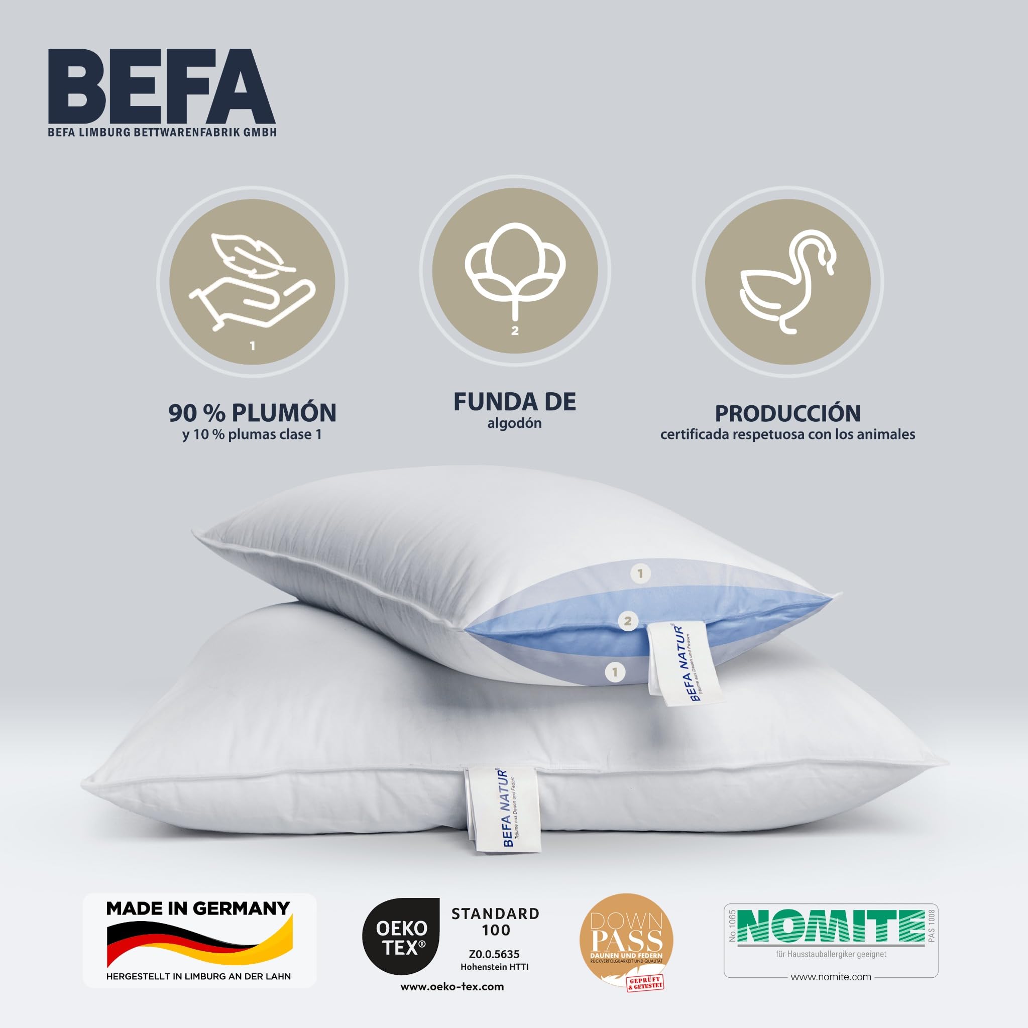 BEFA NATUR Almohada de plumón 50x70 cm (2 Unidades) | Almohada de 3 cámaras | 90% plumón y 10% Plumas | Apta para alérgicos (NOMITE) | Certificada DOWNPASS | Oeko-Tex Clase 1
