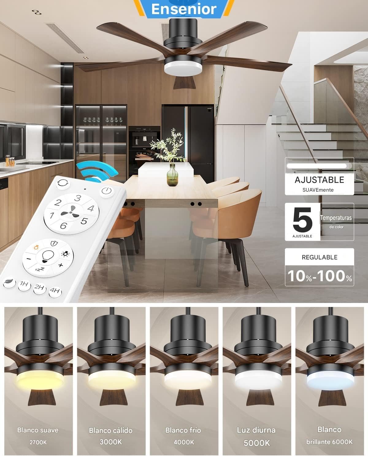 ledbox Ventilador de techo con led EOLO 5 palas de madera, 3000-4000-6000K