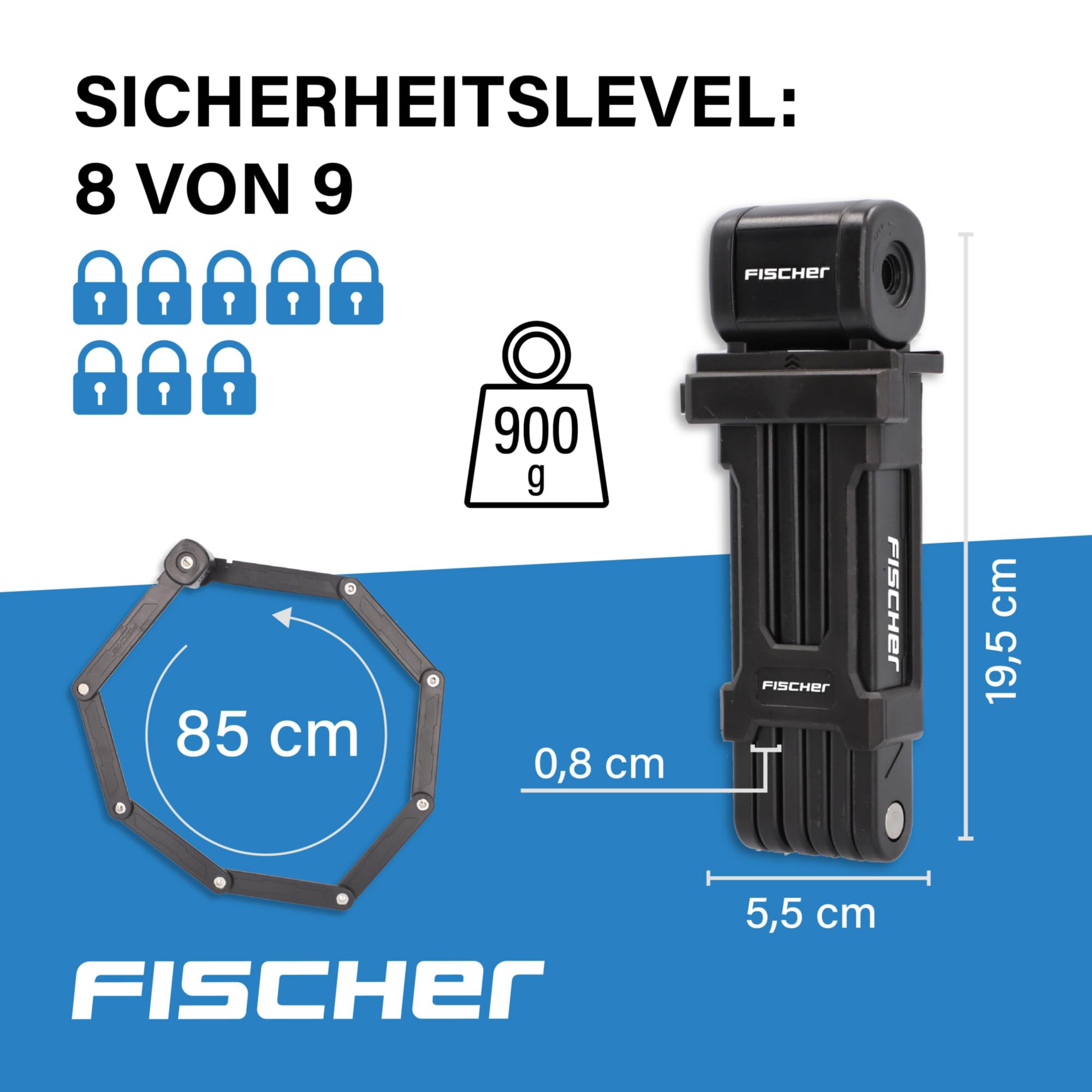 Fischer - Lucchetto pieghevole con supporto e 2 chiavi di sicurezza